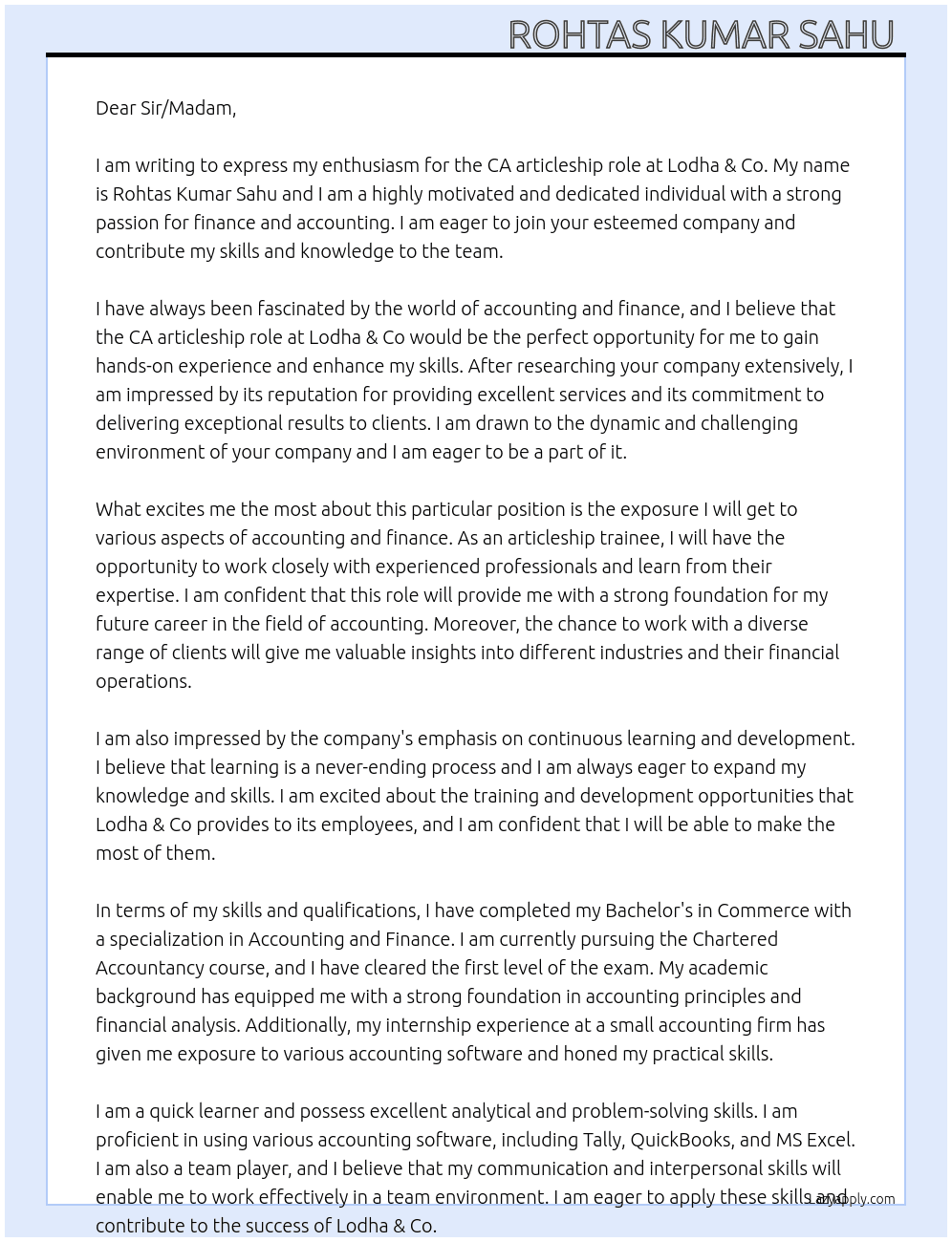 Ca articleship At Lodha & co Cover Letter