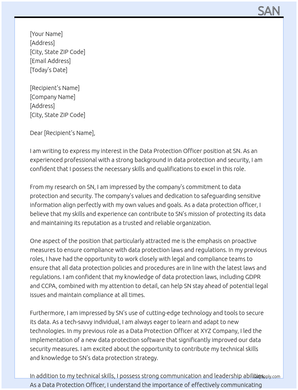 Data protection officer  At SN  Cover Letter