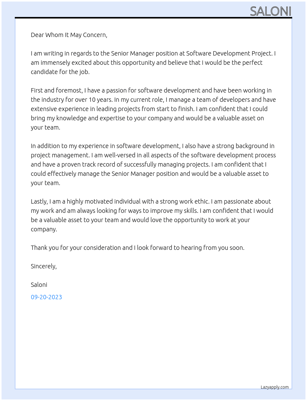 Senior Manager At Software Development Project Cover Letter