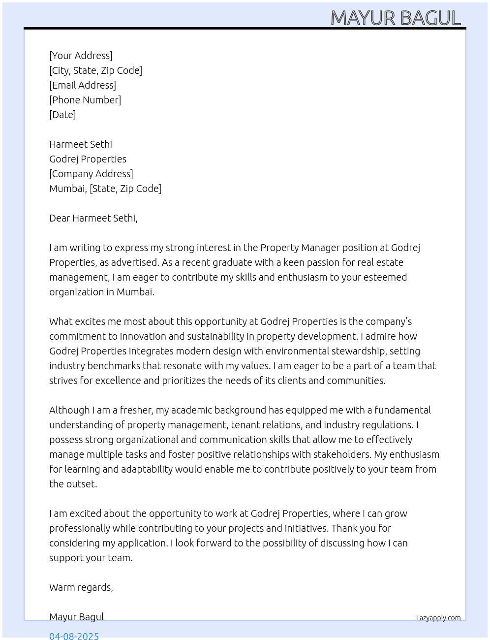 Property Manager At Godrej Properties Cover Letter