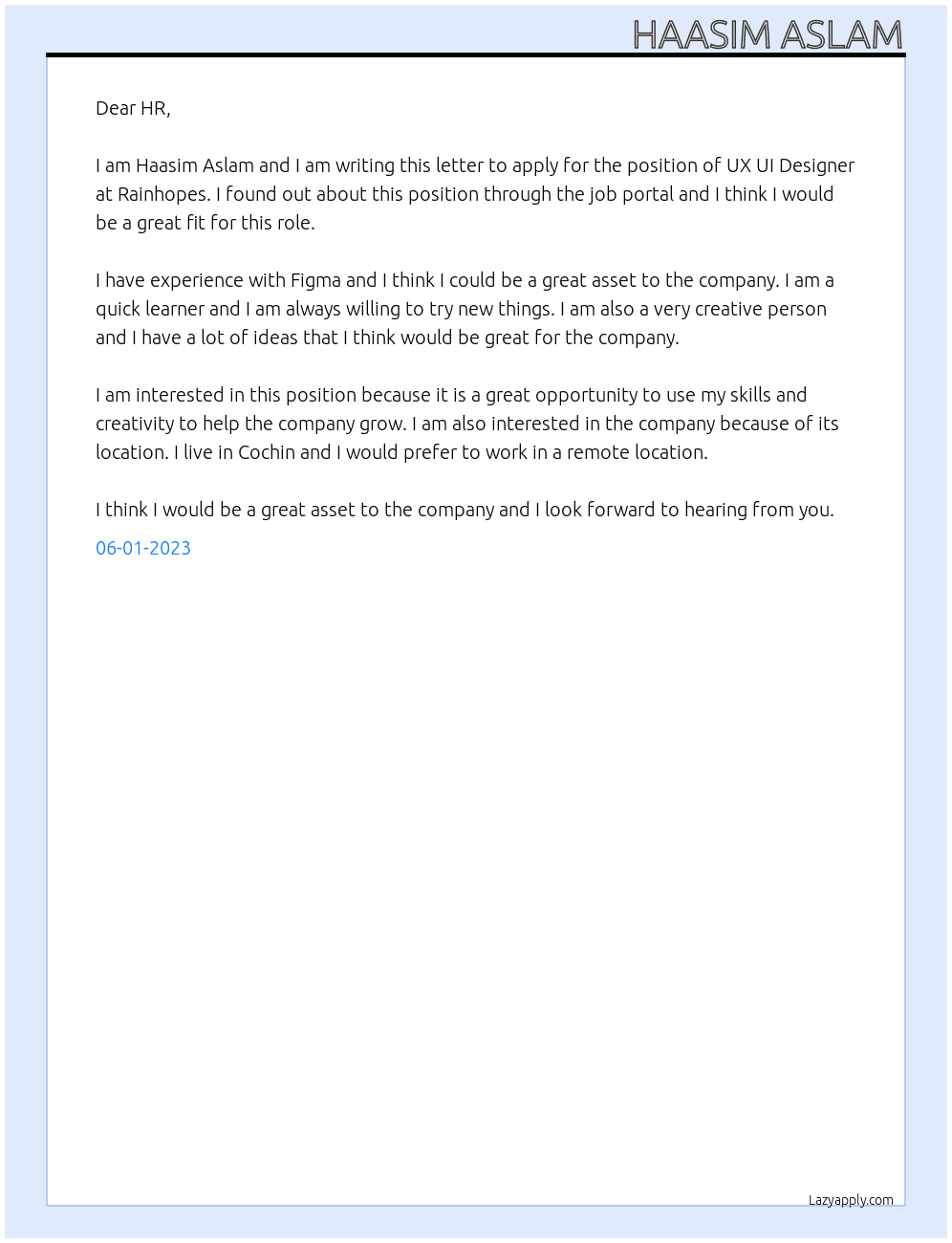 UX UI Designer  At Rainhopes Cover Letter