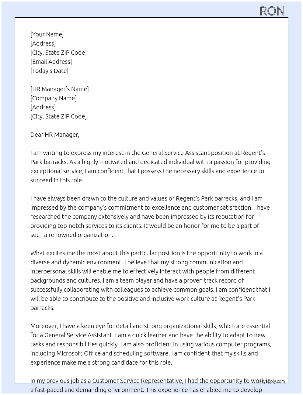 General Service Assistant  At Regent's Park barracks  Cover Letter