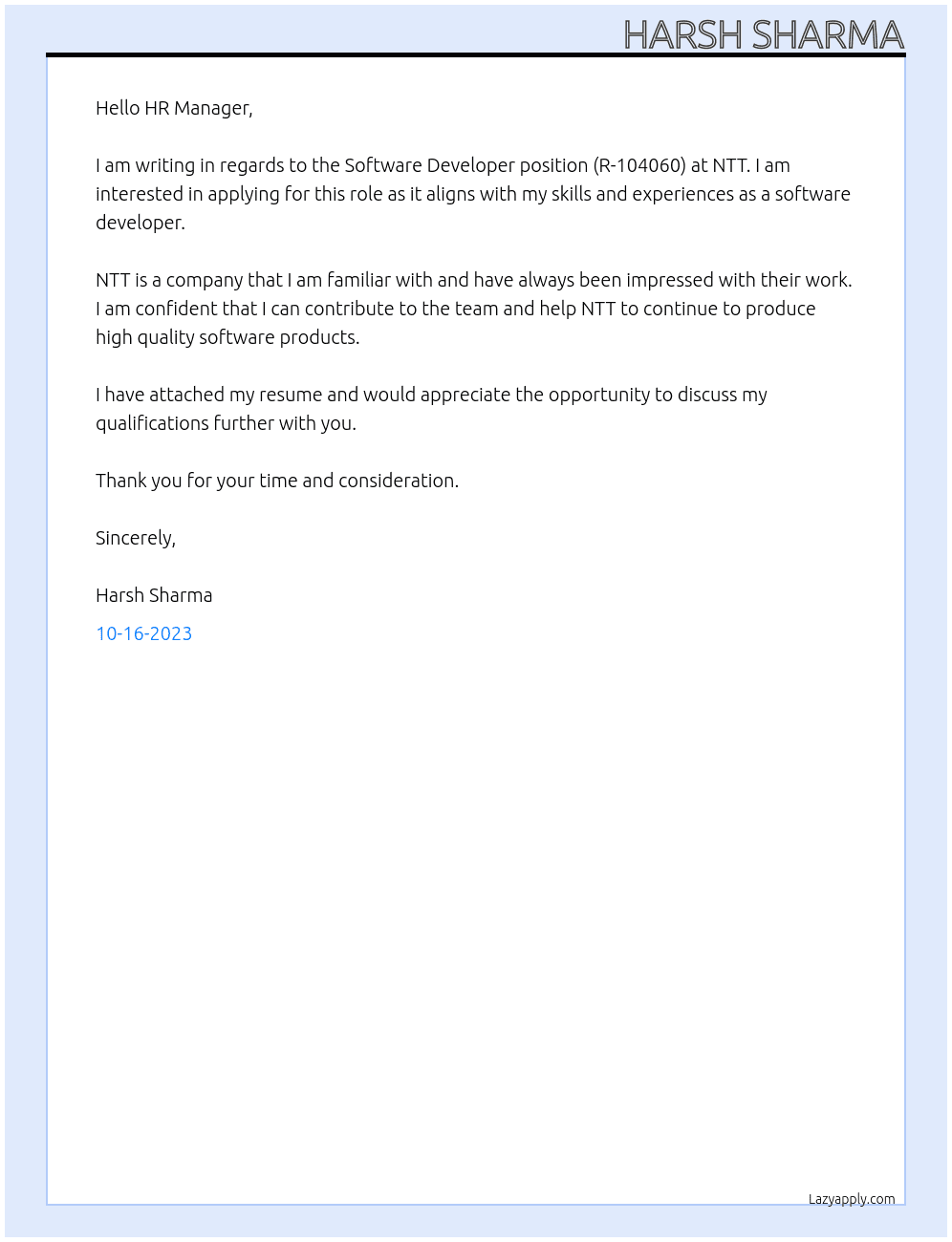 Software Developer (R-104060) At NTT Cover Letter