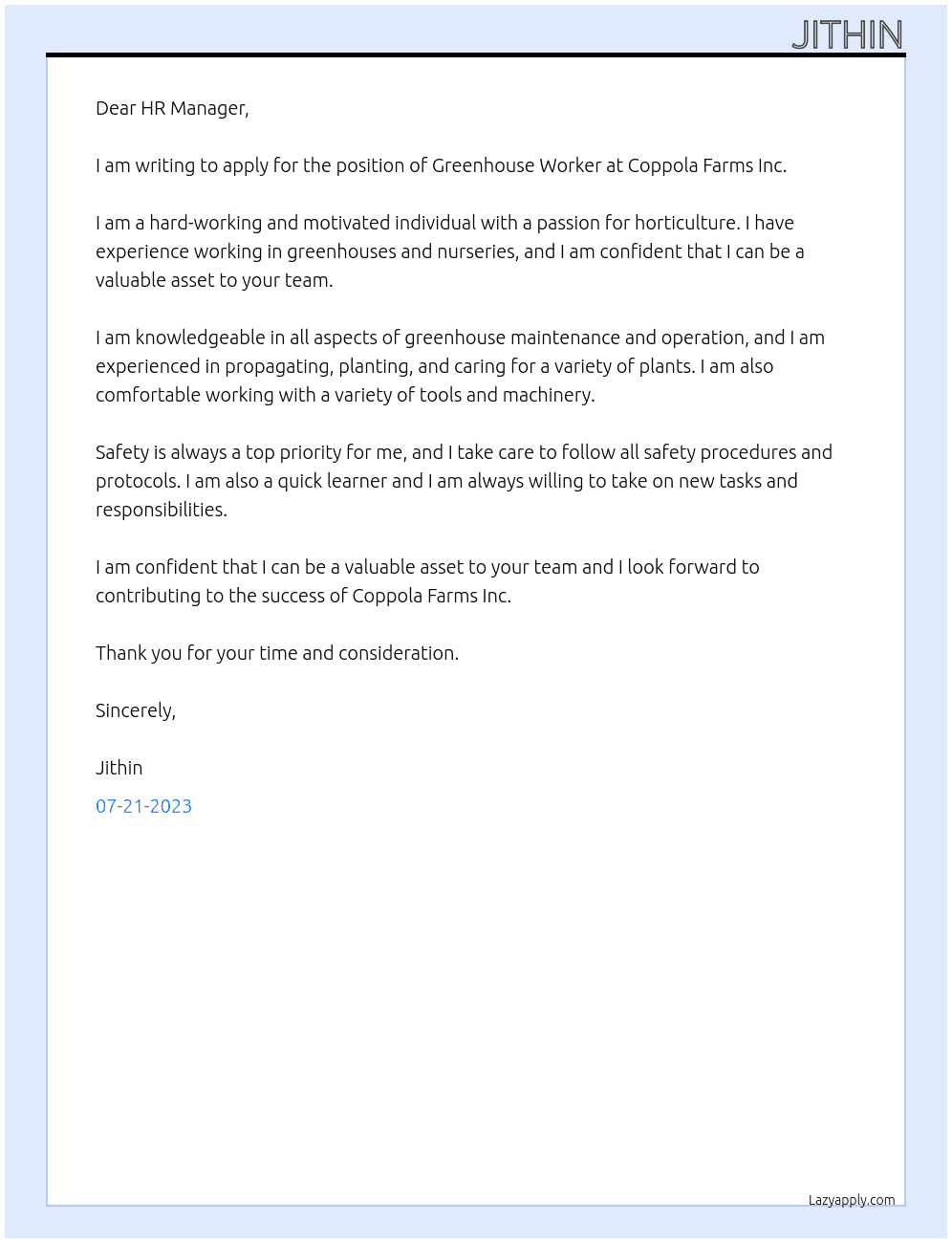 Greenhouse Worker At Coppola Farms Inc Cover Letter