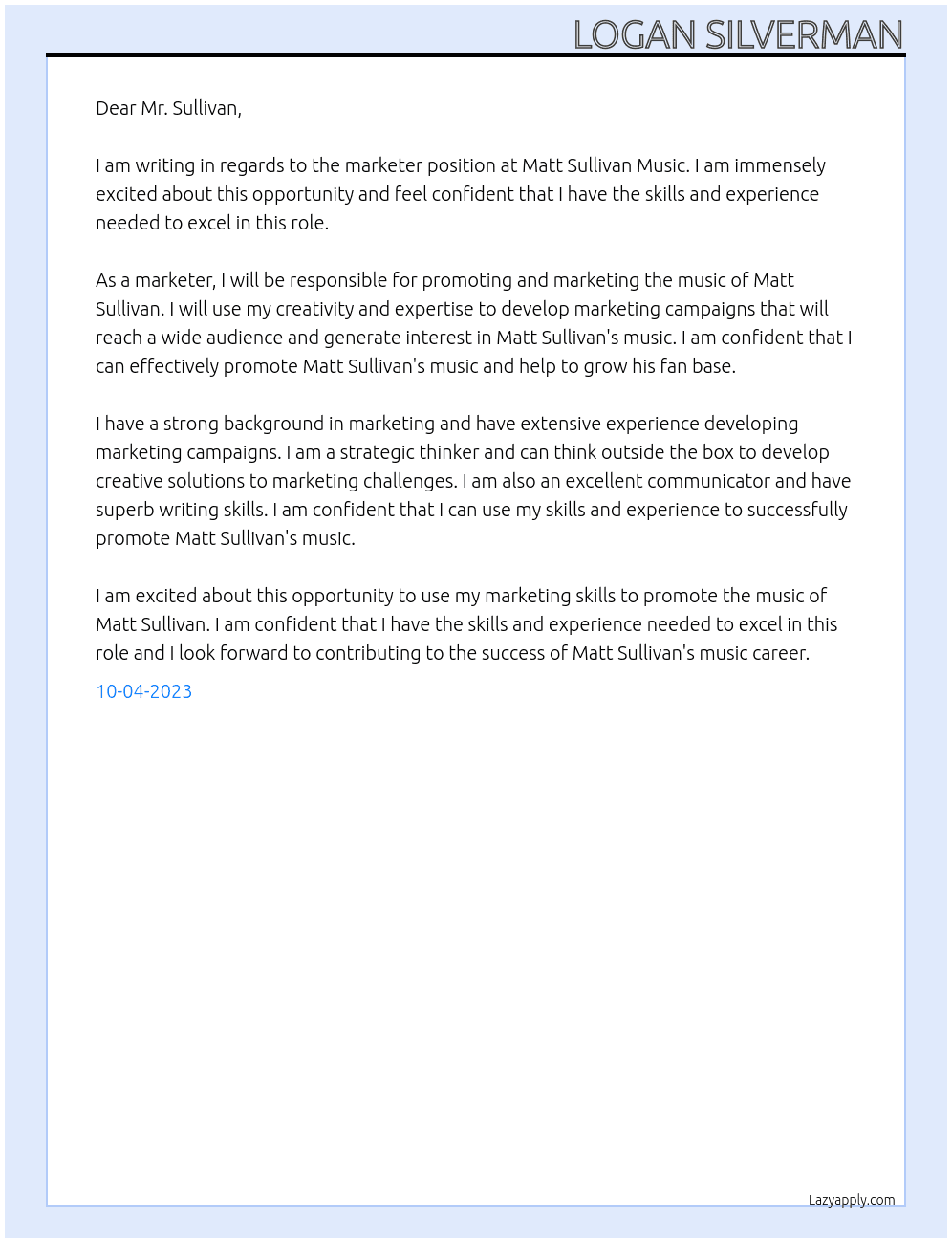 Marketer At Matt Sullivan Music Cover Letter