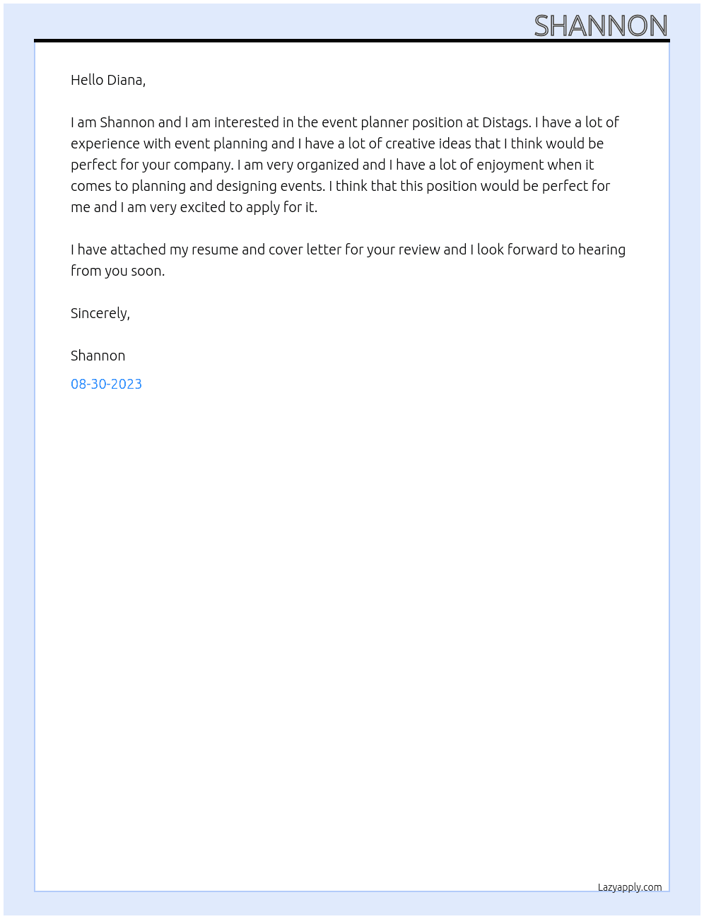 Event planner  At Distags Cover Letter