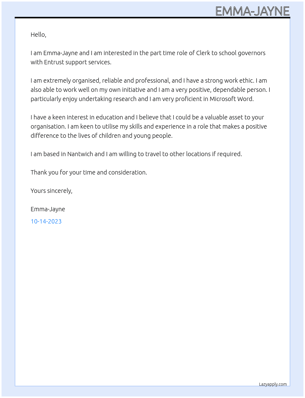 Clerk to school governors At Entrust support services Cover Letter