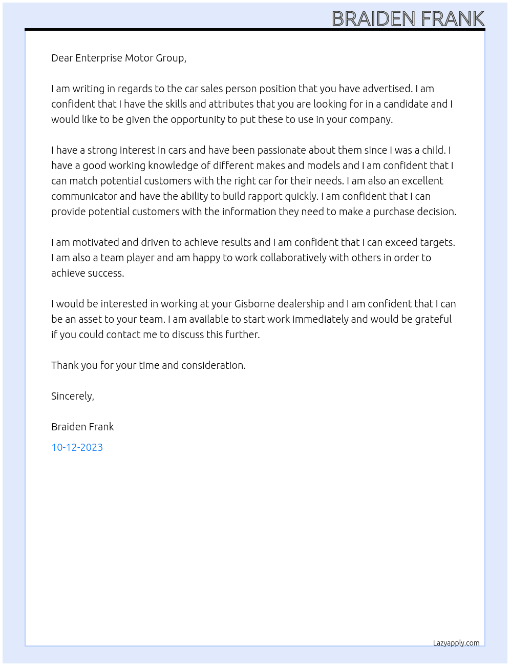 Car sales person At Enterprise Motor group Cover Letter