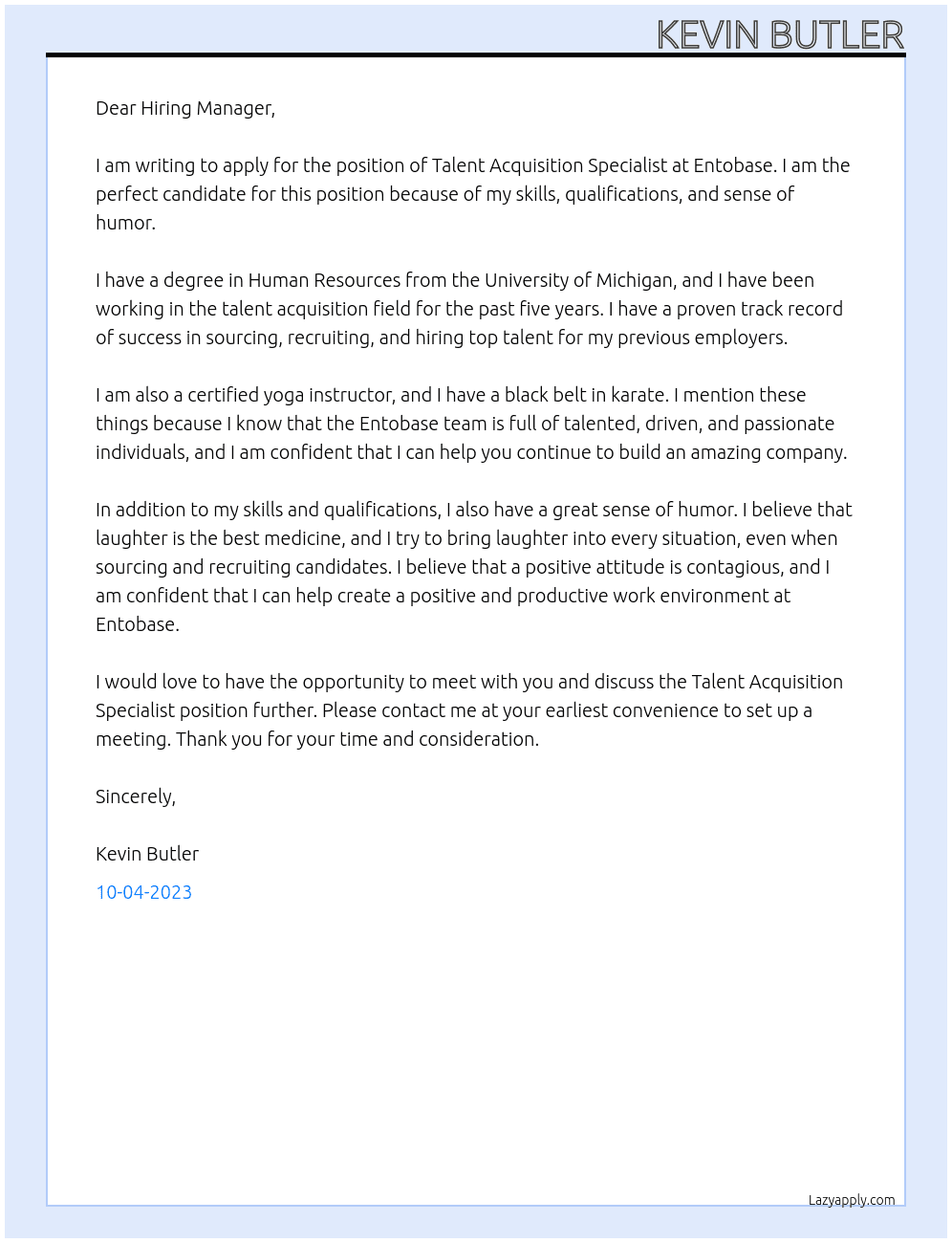 Talent Acquisition Specialist At Entobase Cover Letter
