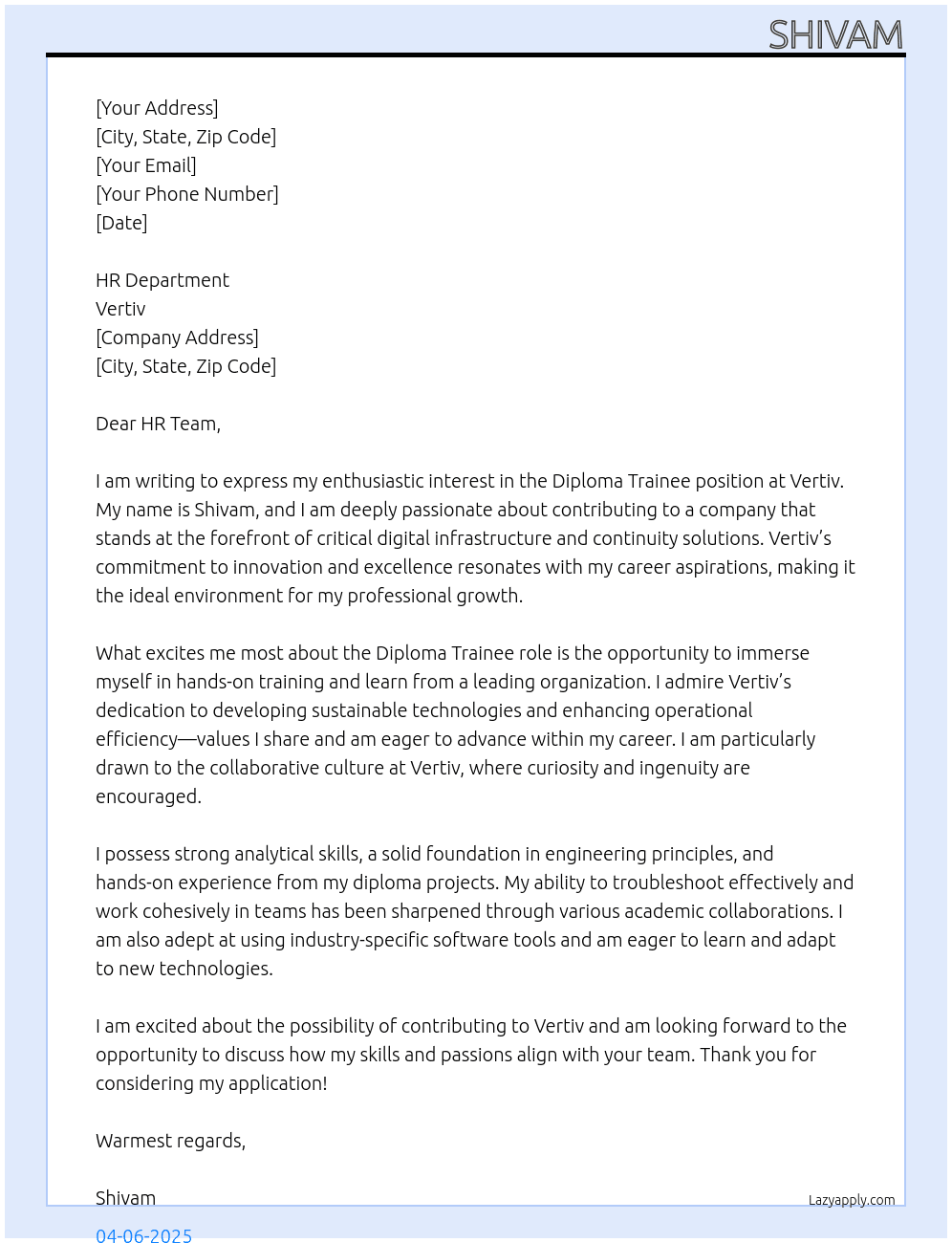 Diploma Trainee  At Vertiv Cover Letter