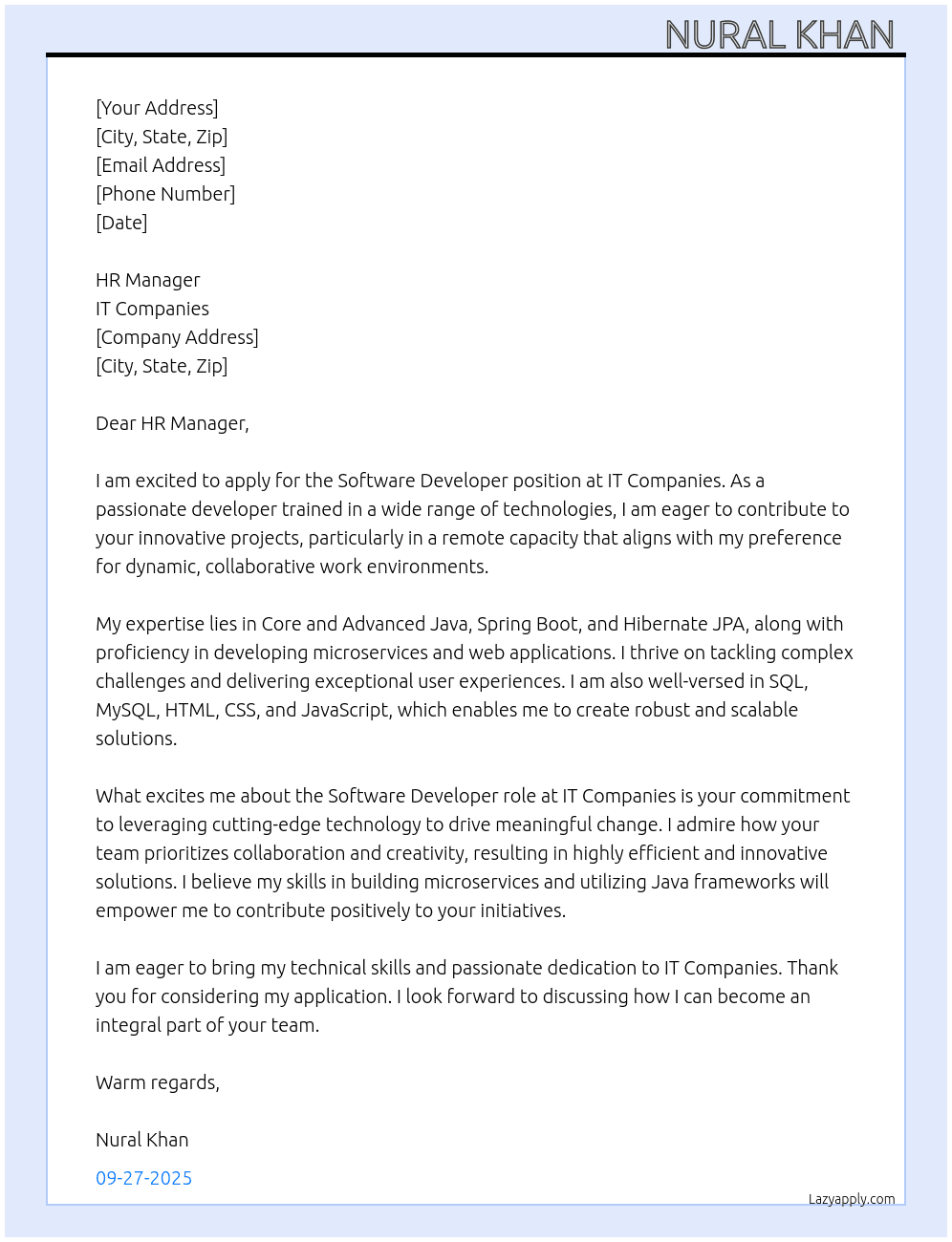 Software Developer At IT Companies Cover Letter