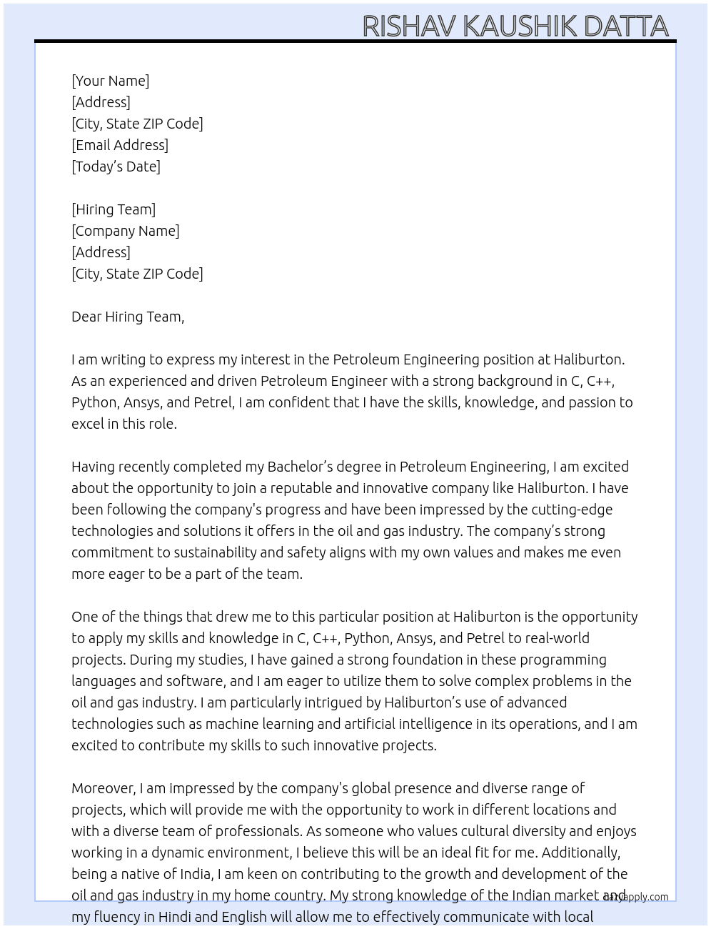 Petroleum engineering  At Haliburton  Cover Letter