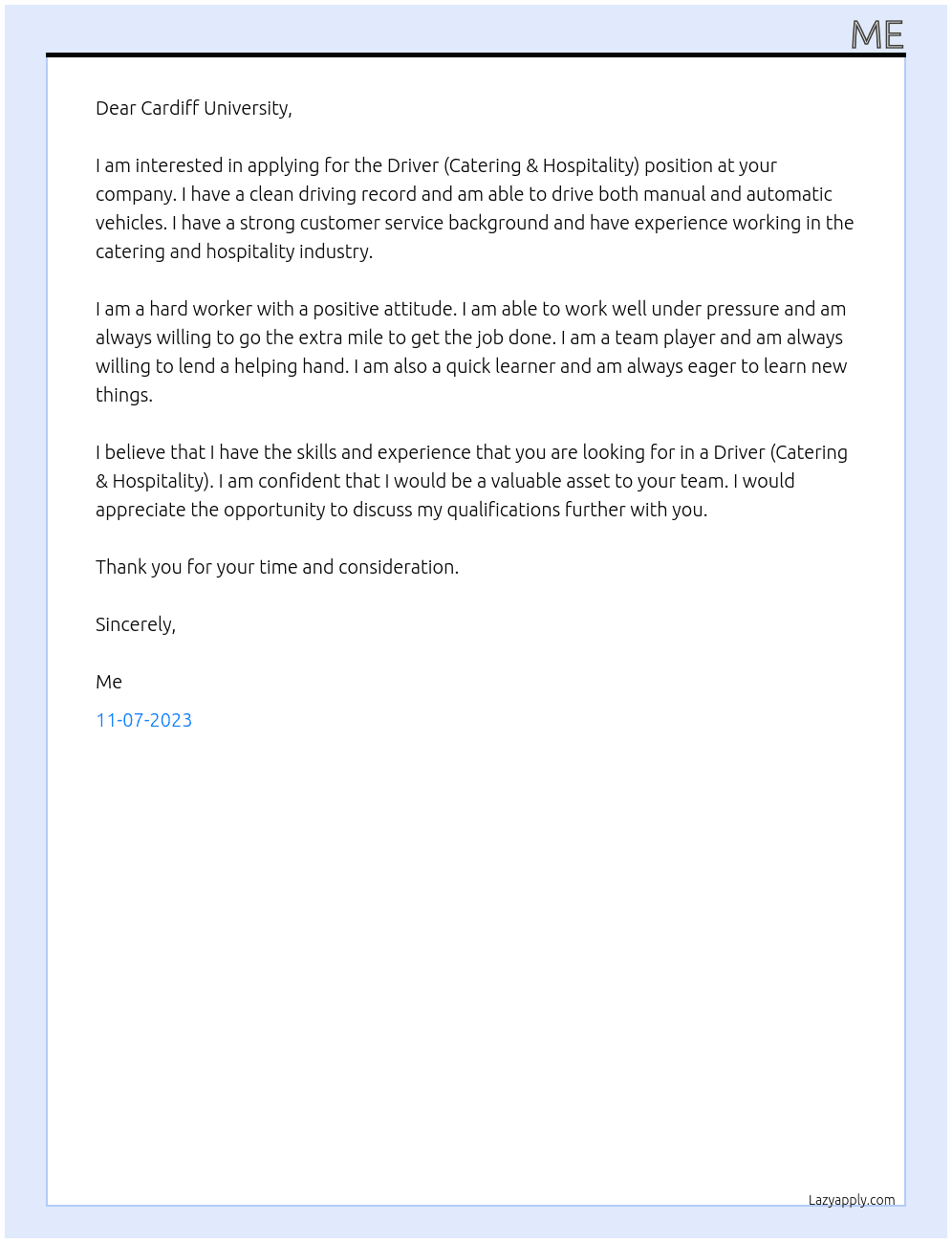 Driver (Catering & Hospitality) At Cardiff University  Cover Letter