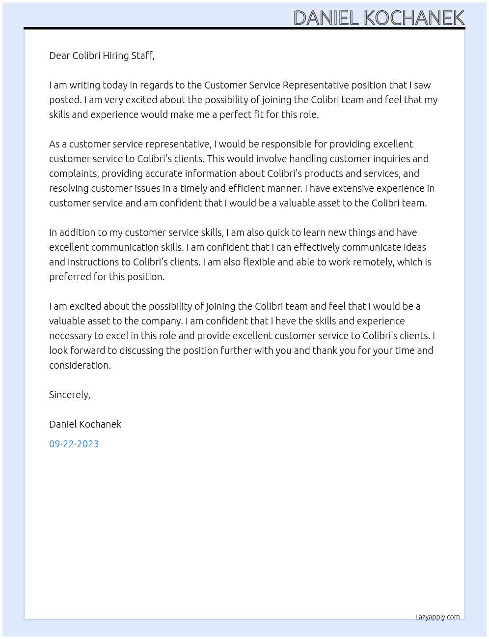 Customer Service Representative  At Colibri Cover Letter