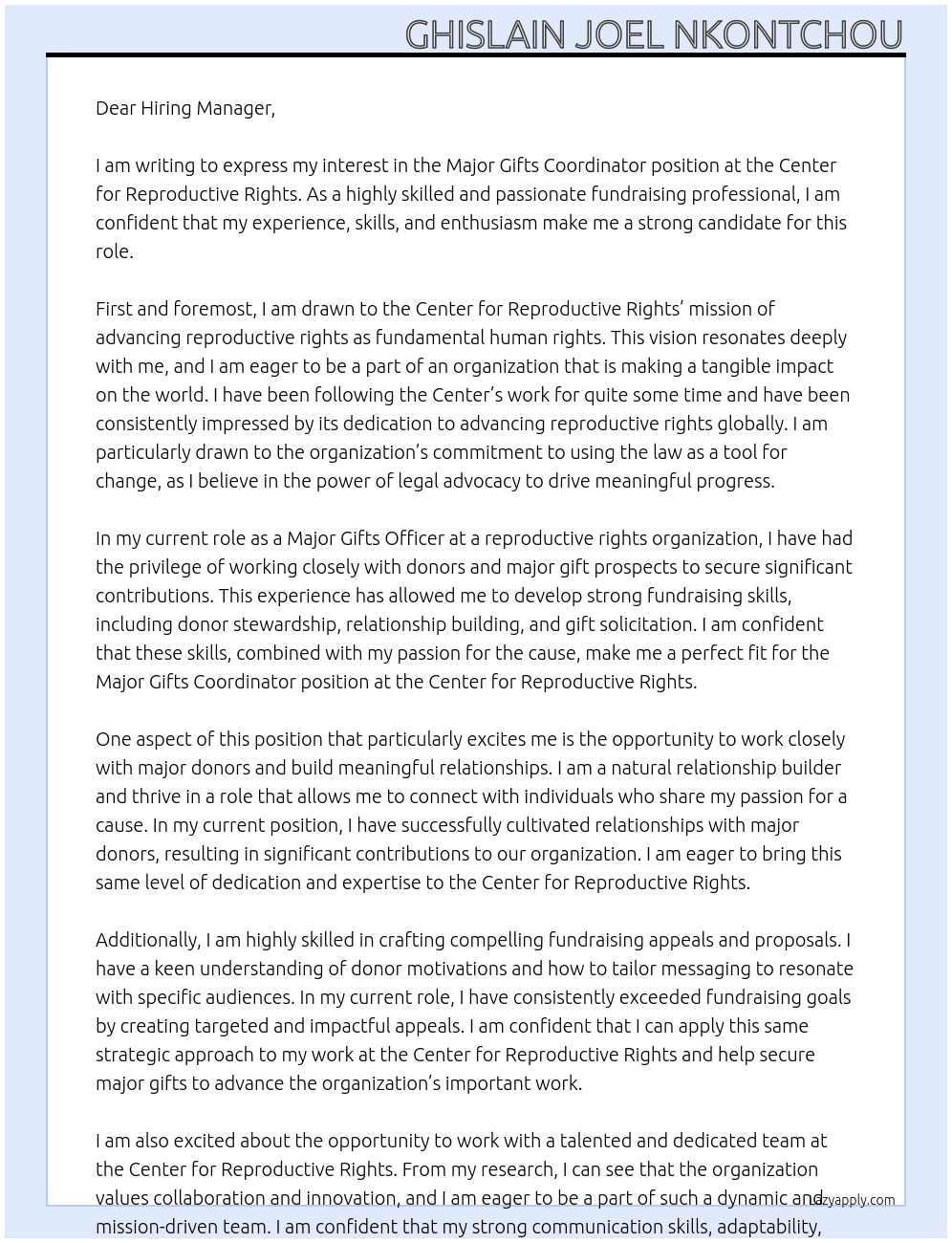 Major Gifts Coordinator At Center for Reproductive Rights  Cover Letter