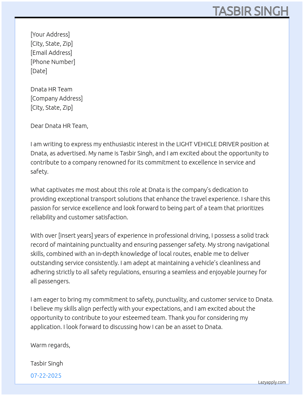 LIGHT VEHICLE DRIVER  At Dnata Cover Letter