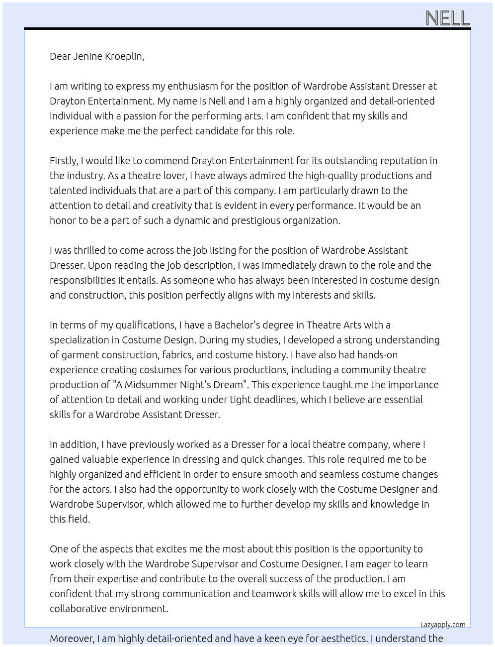 wardrobe assistant dresser At drayton entertainment Cover Letter