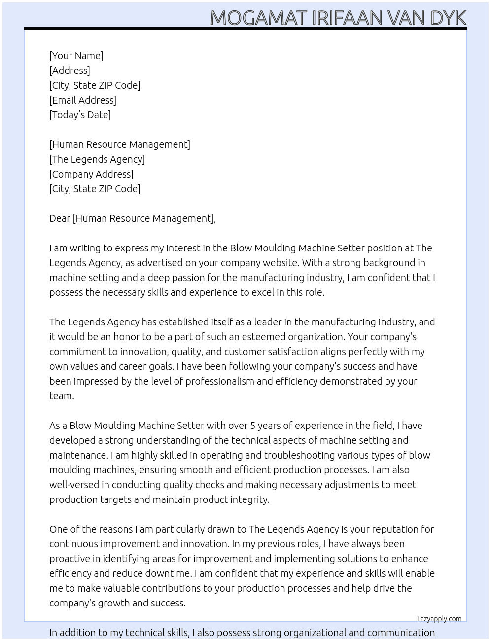 Blow Moulding Machine Setter At The Legends Agency Cover Letter