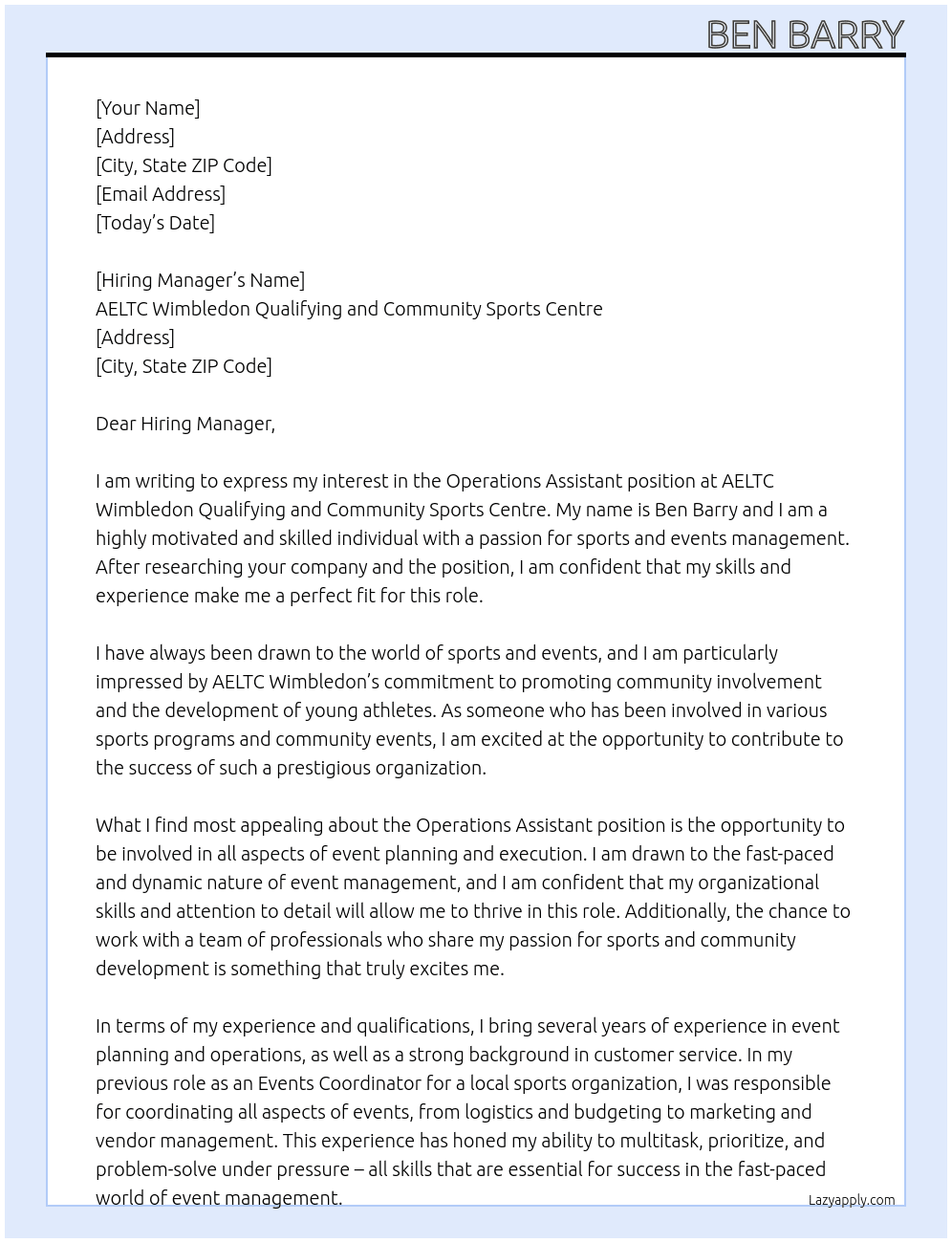 Operations Assistant At AELTC Wimbledon Qualifying and Community Sports Centre Cover Letter