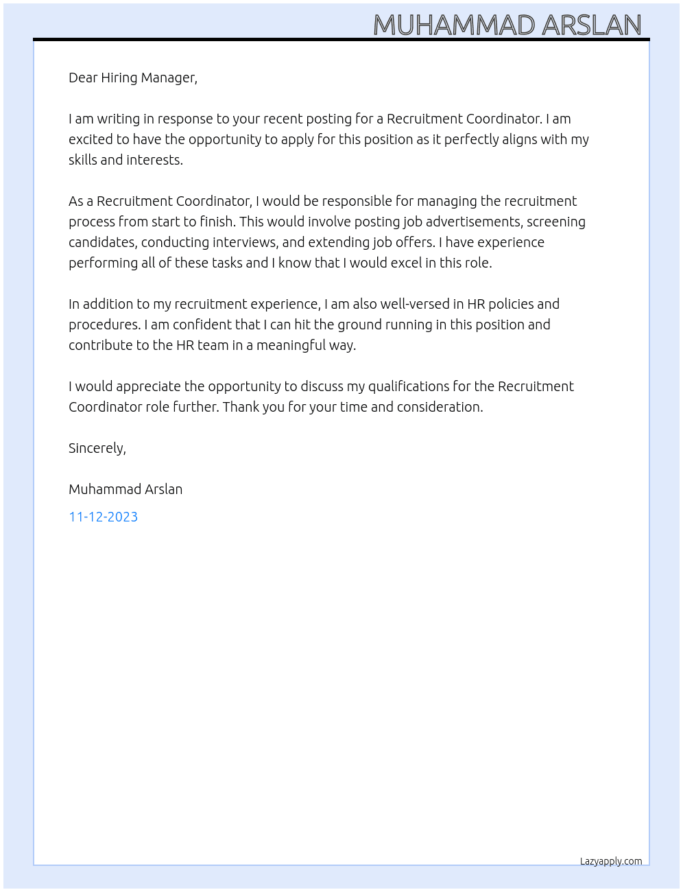 Recruitment Coordinator  At HR Cover Letter