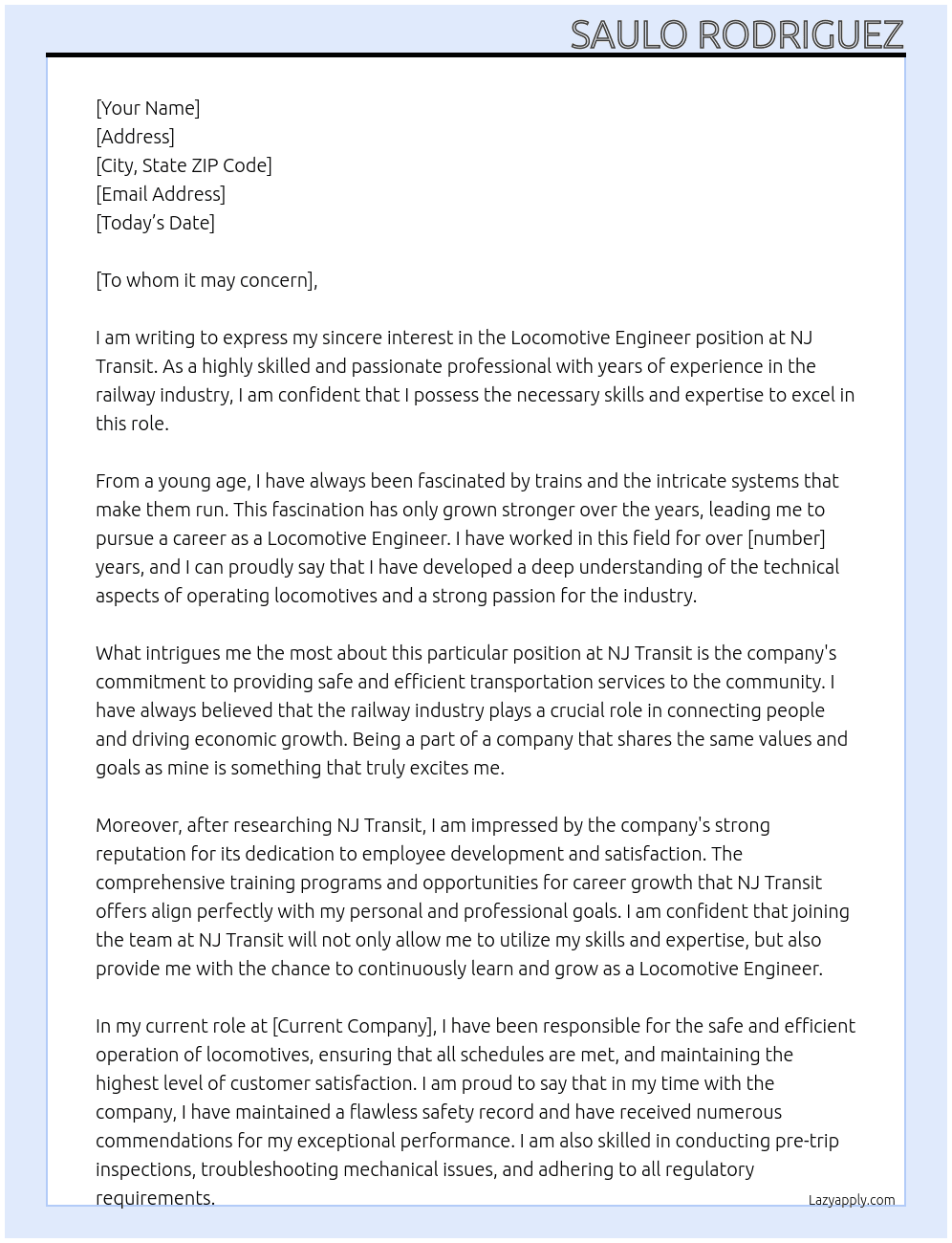Locomotive Engineer At NJ Transit Cover Letter