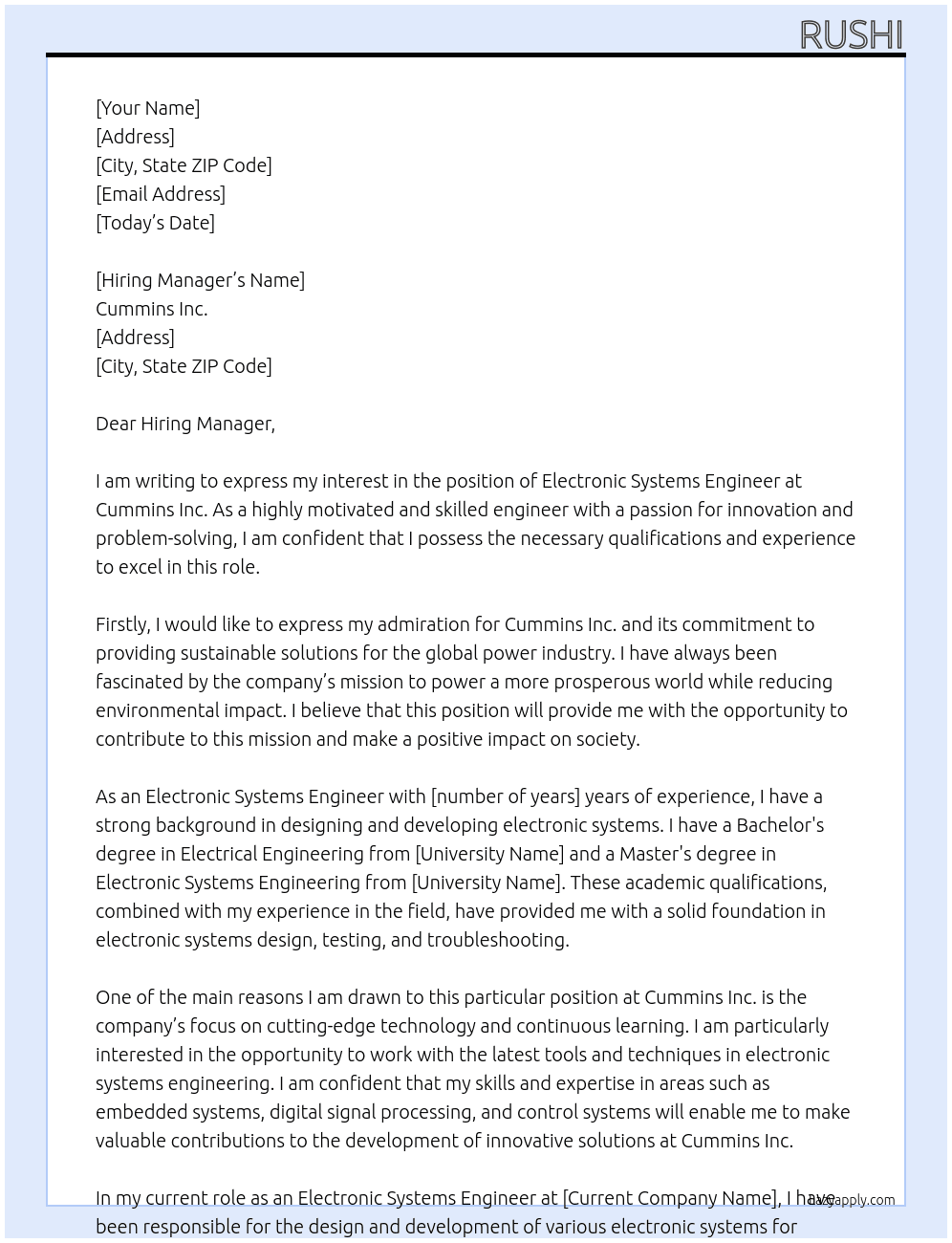Electronic Systems Engineer At Cummins Inc Cover Letter