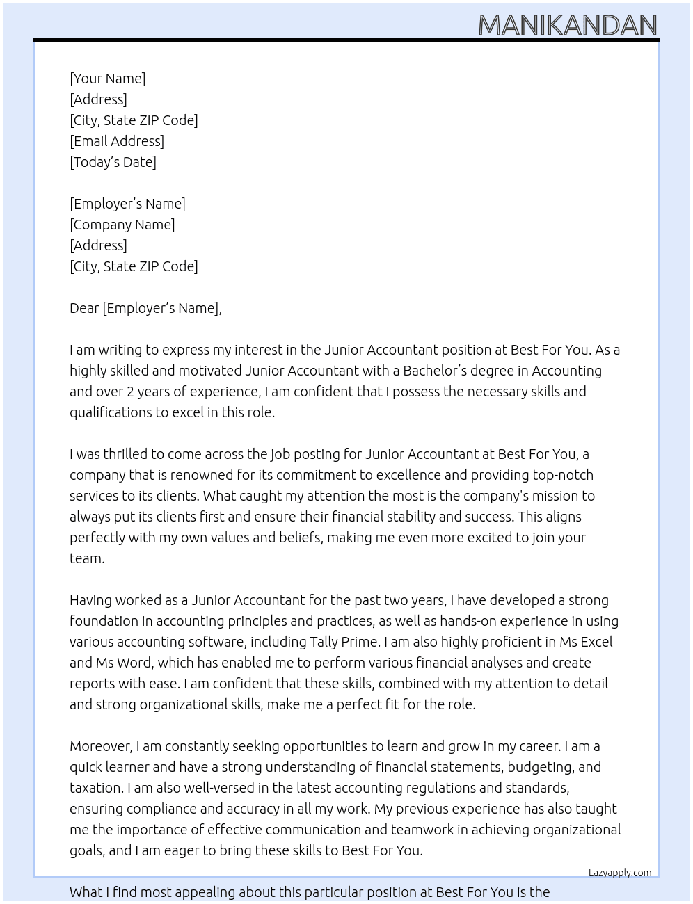 Junior Accountant At Best For You Cover Letter