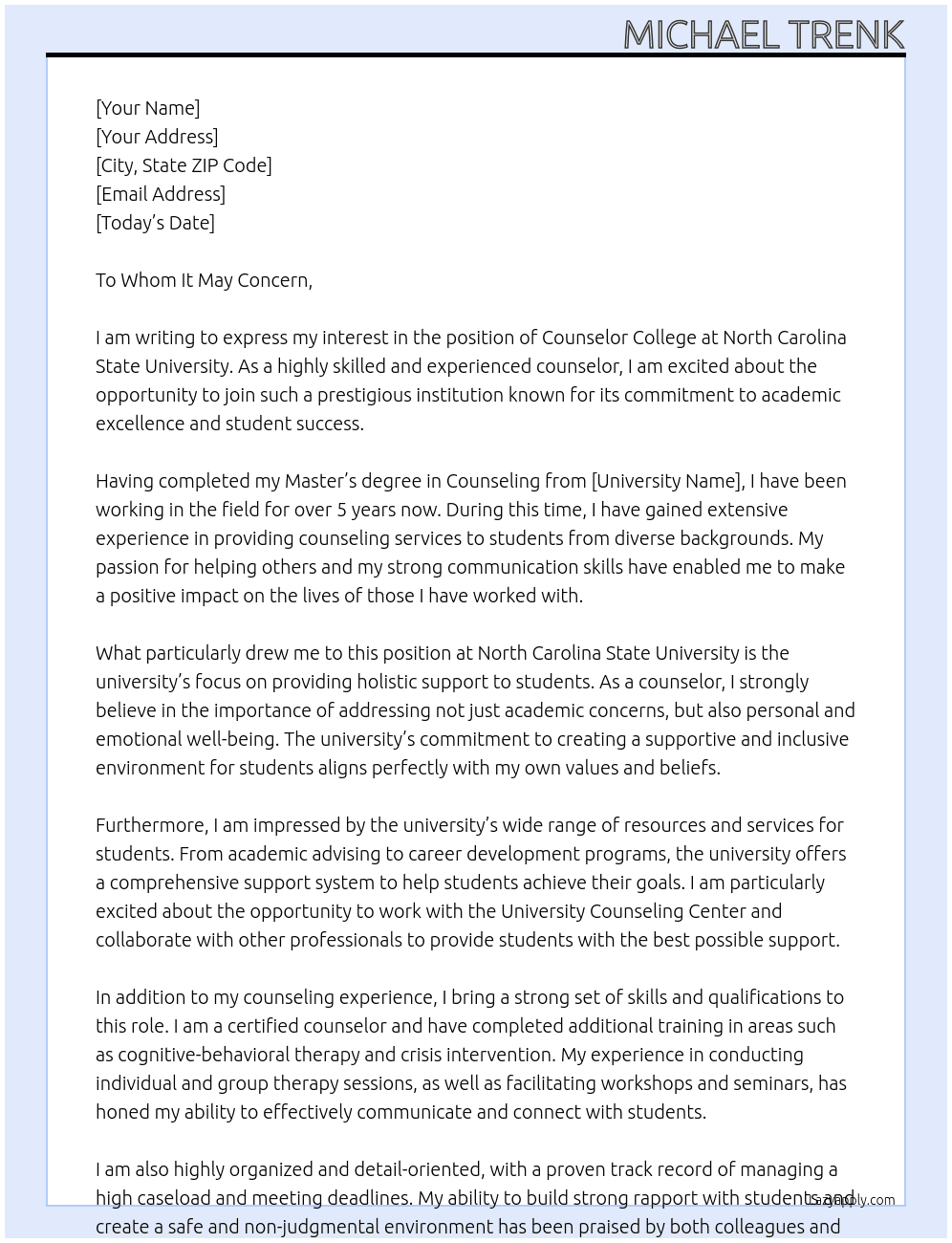 Counselor college At North Carolina State University Cover Letter