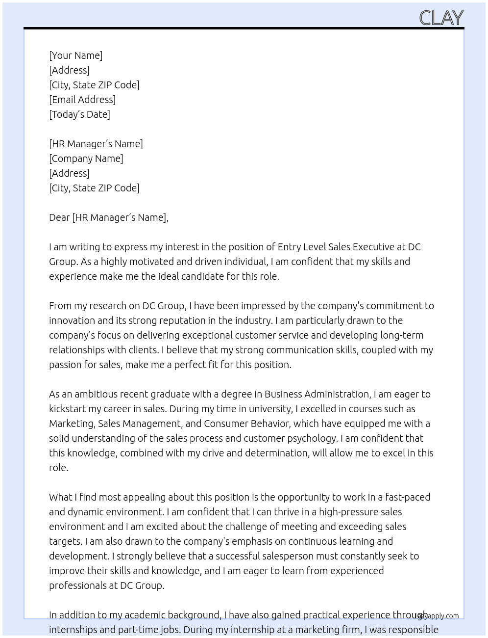 Entry Level Sales Executive At DC Group Cover Letter