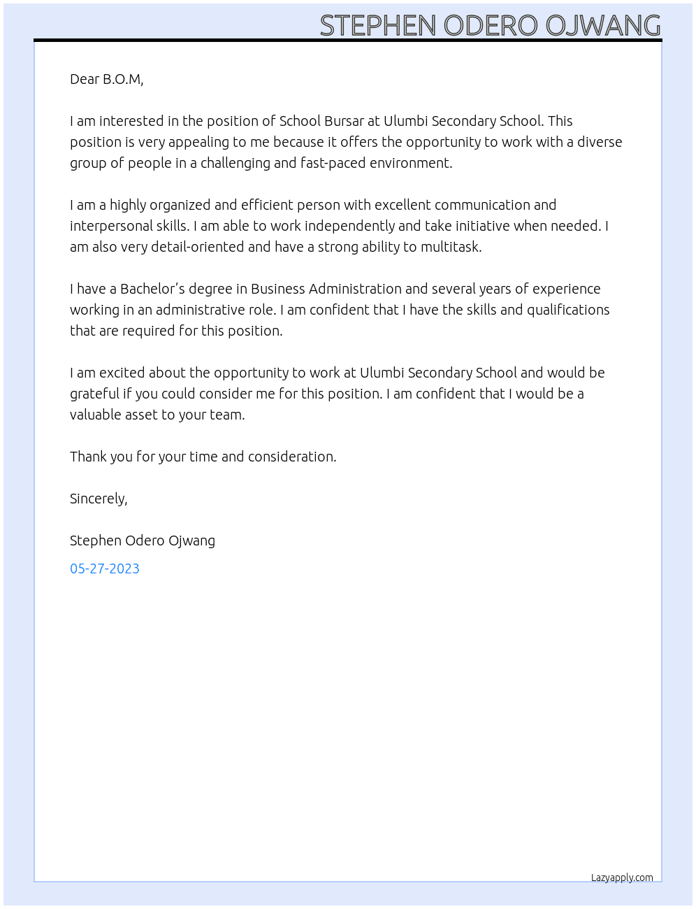 School Bursar At Ulumbi Secodary School Cover Letter