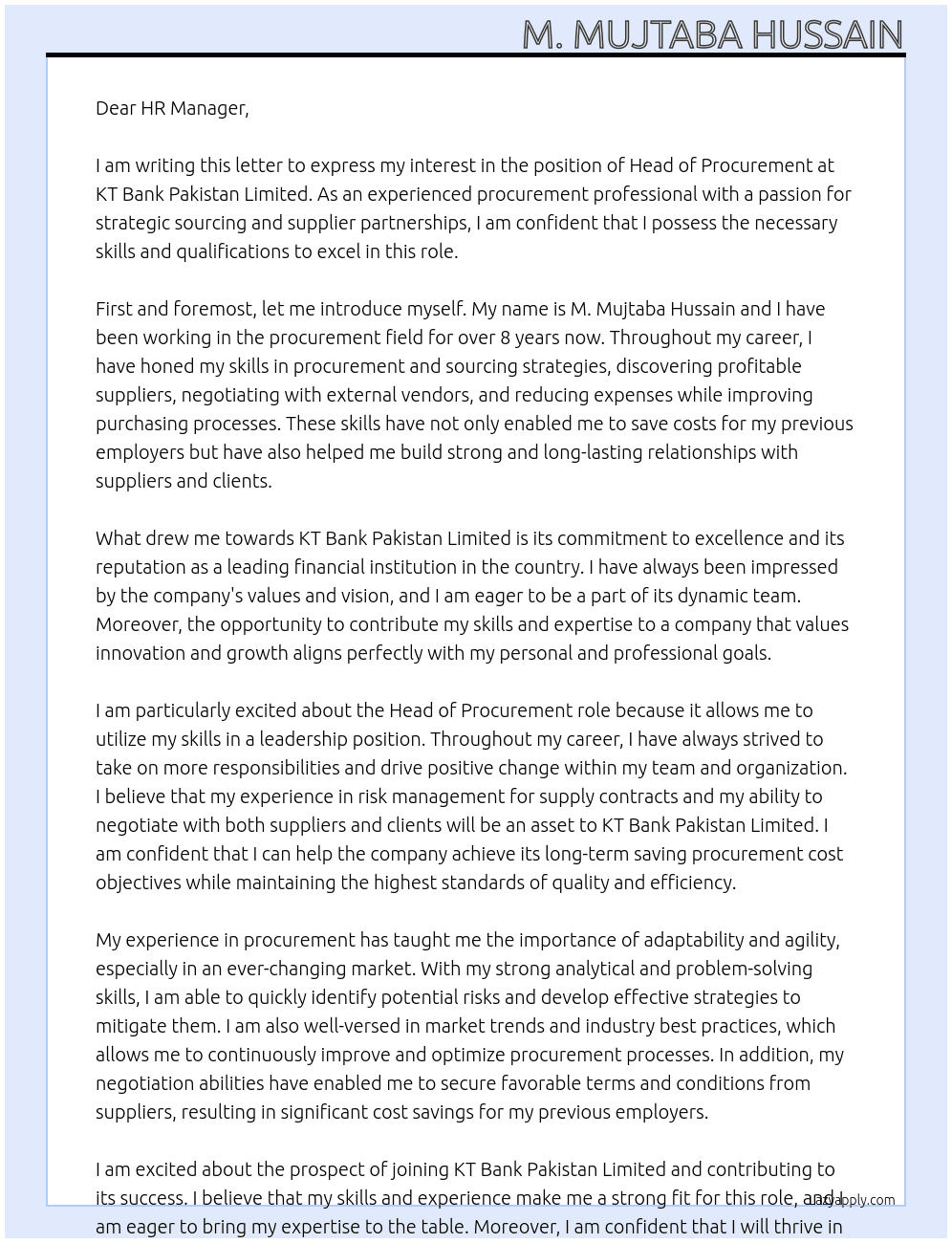 Head Of Procurement  At KT Bank Pakistan Limited Cover Letter