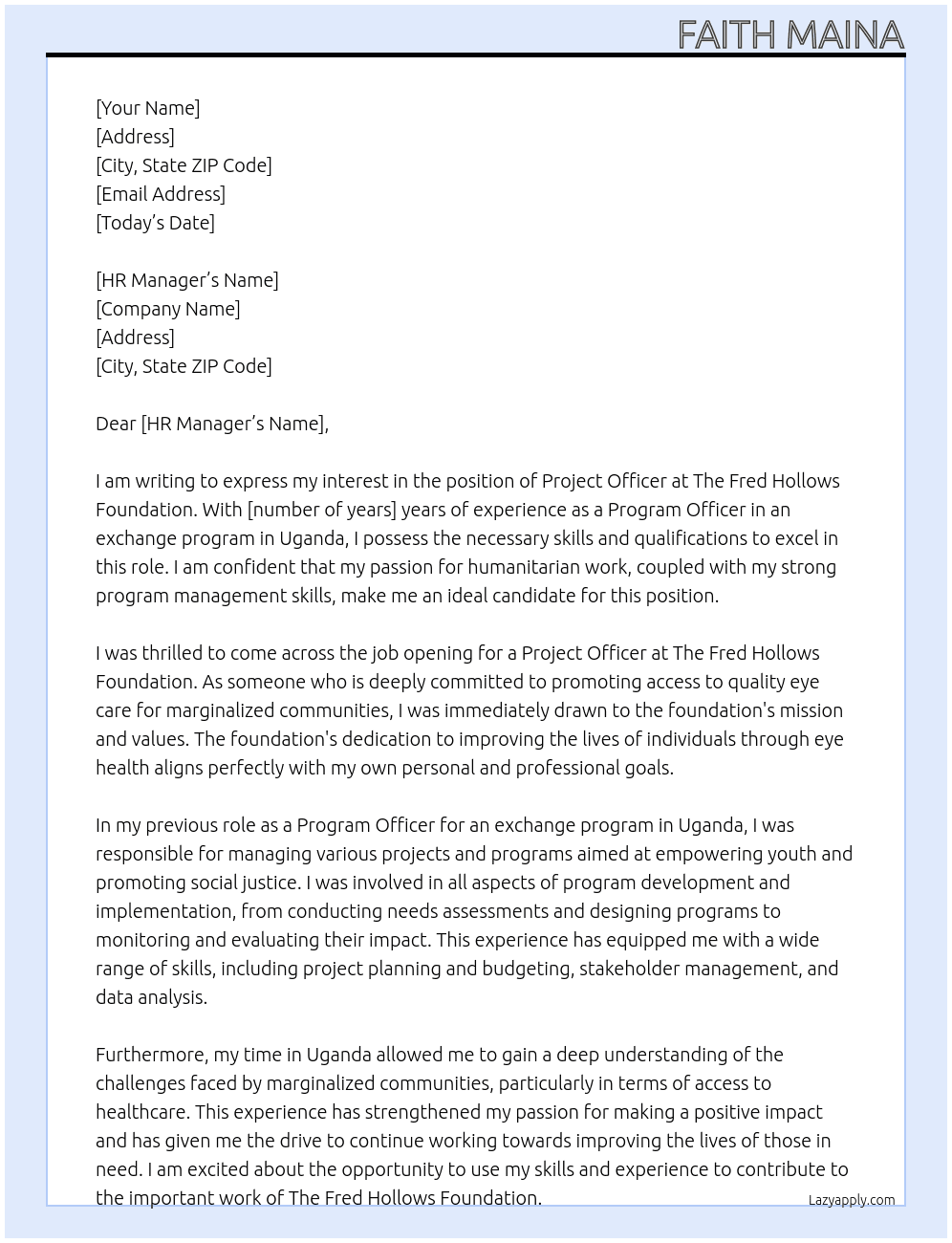 project officer At The FRED HOLLOWS FOUNDATION Cover Letter