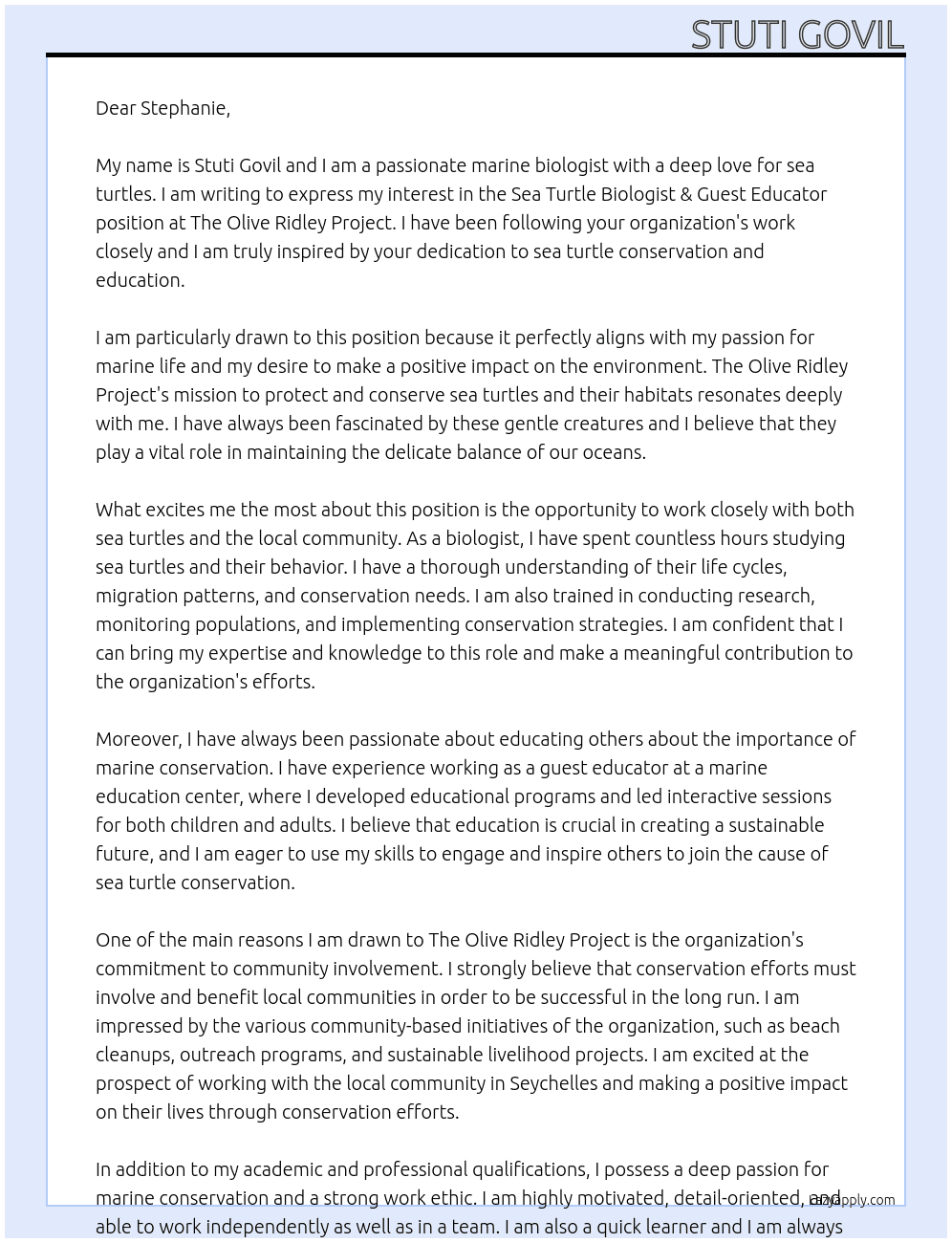 Sea Turtle Biologist & Guest Educator At The Olive Ridley Project Cover Letter