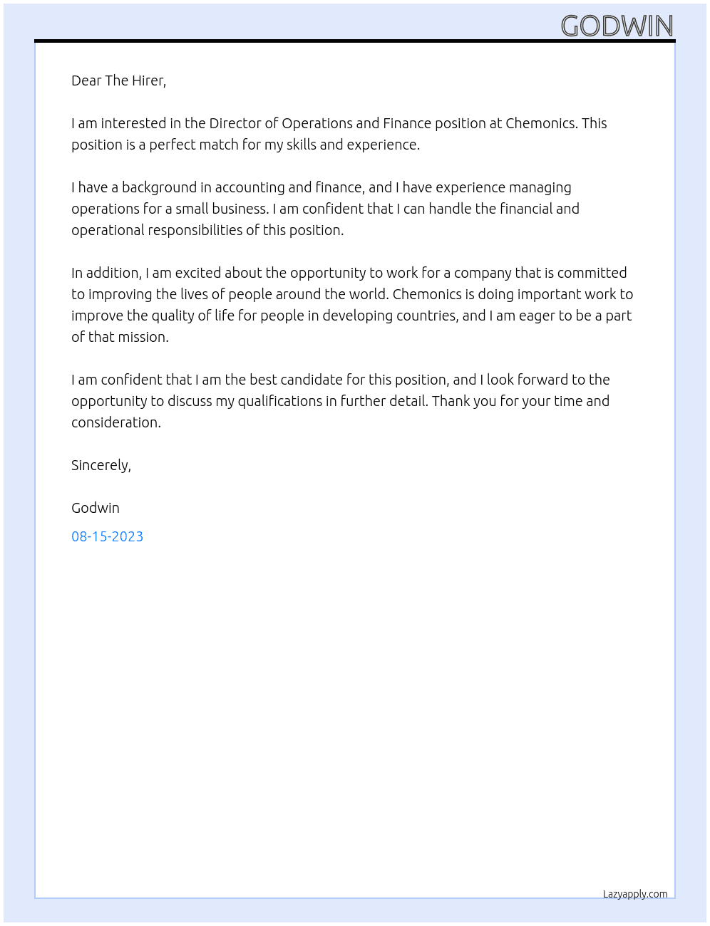 DIrector of Operations and Finance At Chemonics Cover Letter
