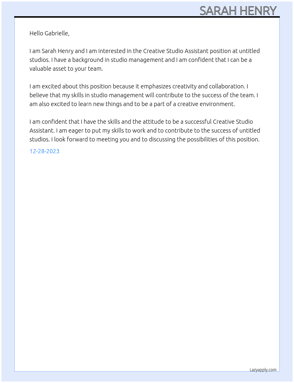 Creative Studio Assitant  At untitled studios  Cover Letter