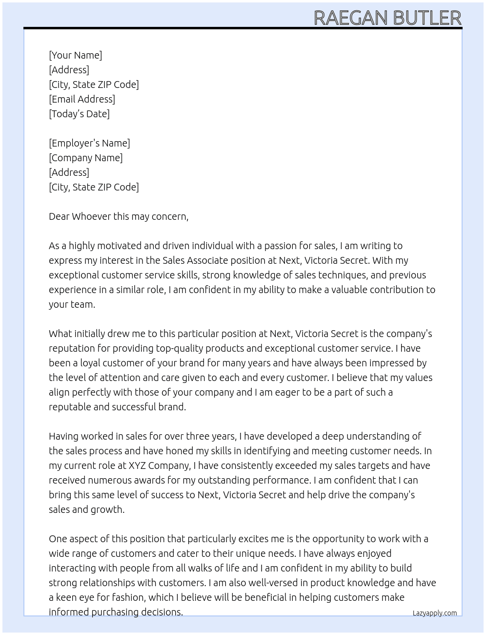 Sales Associate  At Next, Victoria Secret  Cover Letter