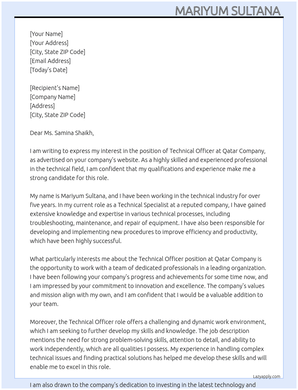 Technical Officer At qatar company Cover Letter
