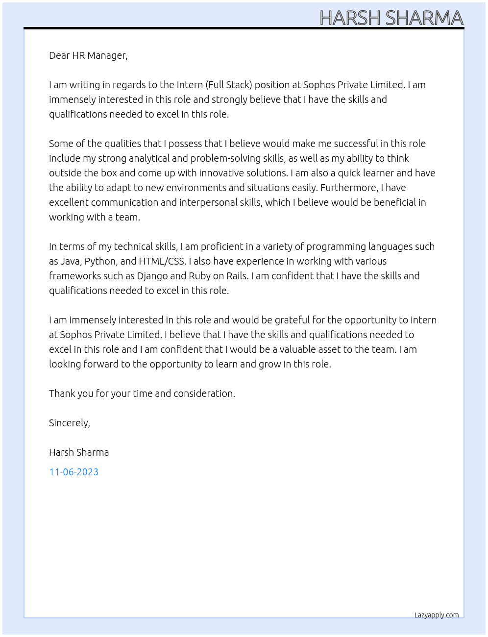 Intern (Full Stack) At Sophos Private Limited Cover Letter