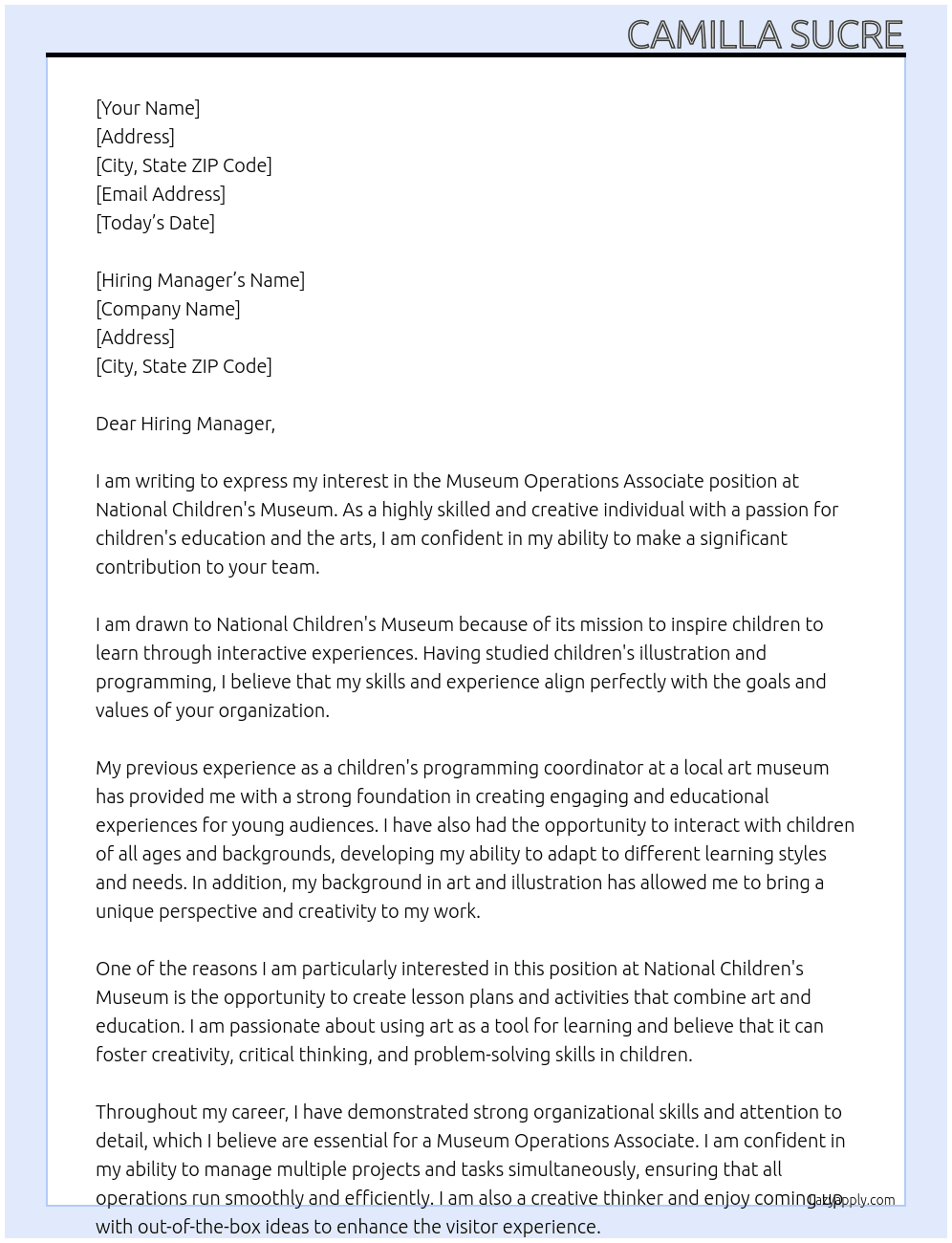 Museum Operations Associate At National Children's Museum Cover Letter