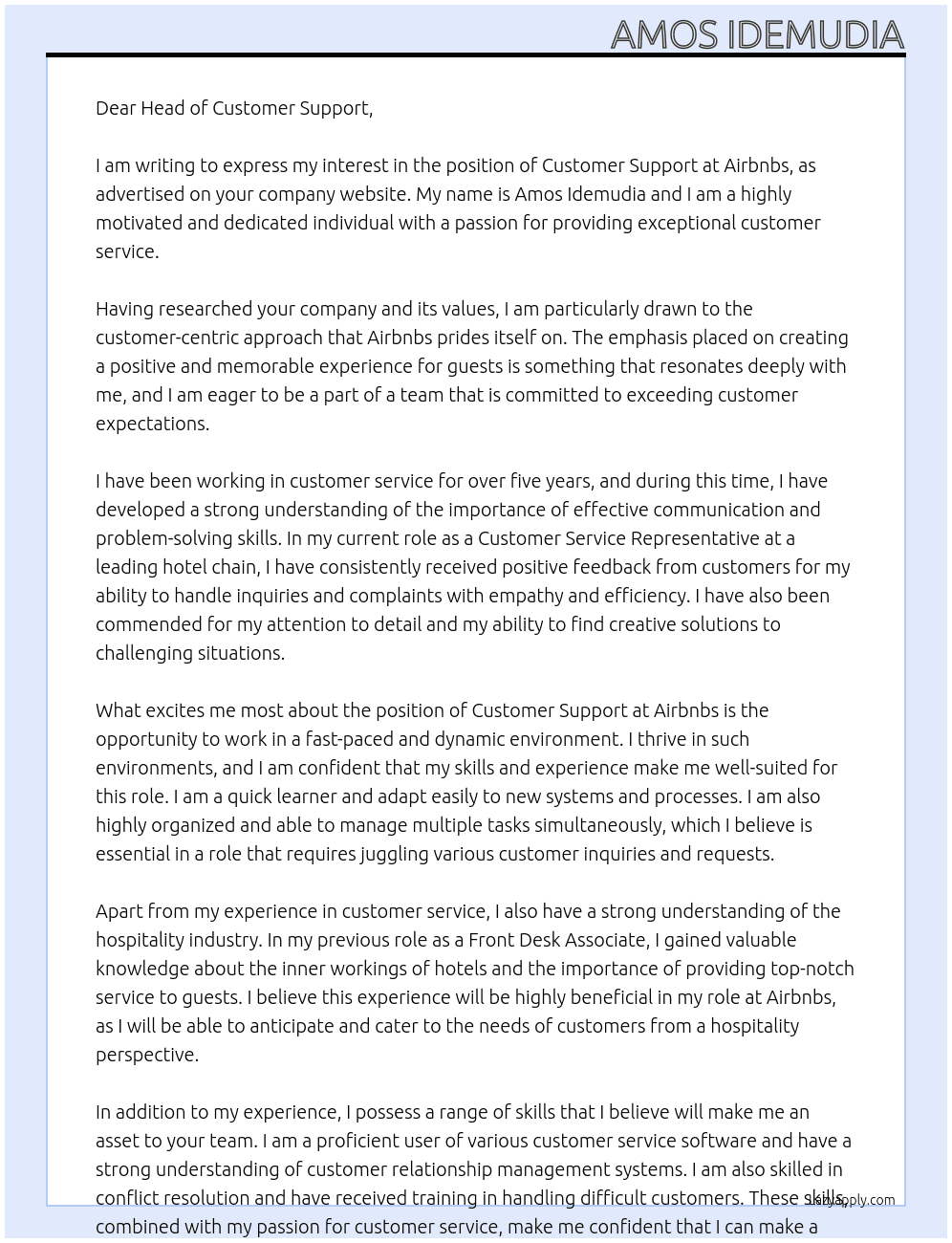 Customer Support  At Airbnbs Cover Letter