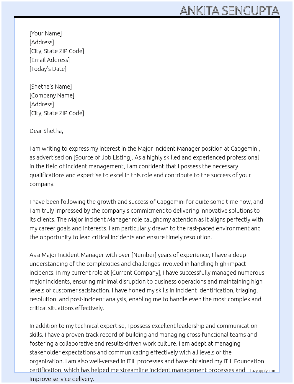 Major Incident Manager At Capgemini Cover Letter