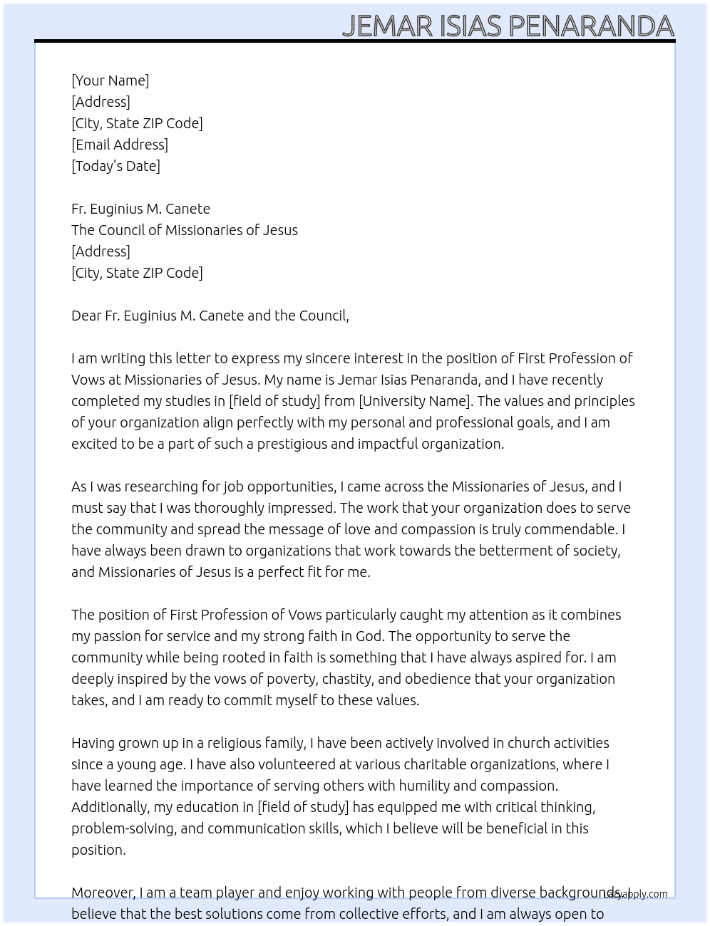 First Profession of Vows At Missionaries of Jesus Cover Letter