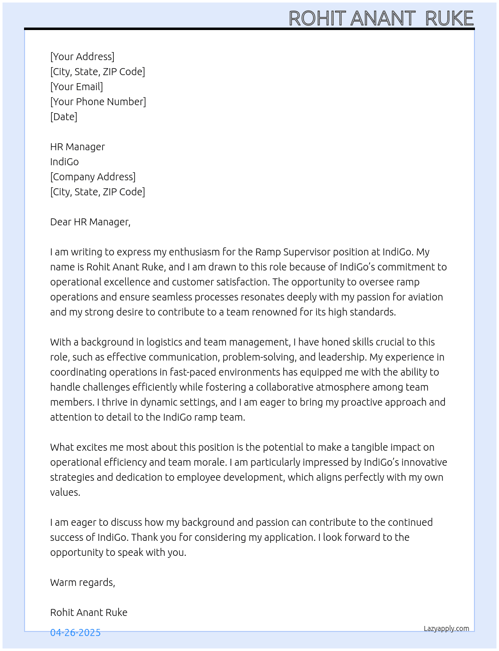 ramp supervisor At indigo Cover Letter