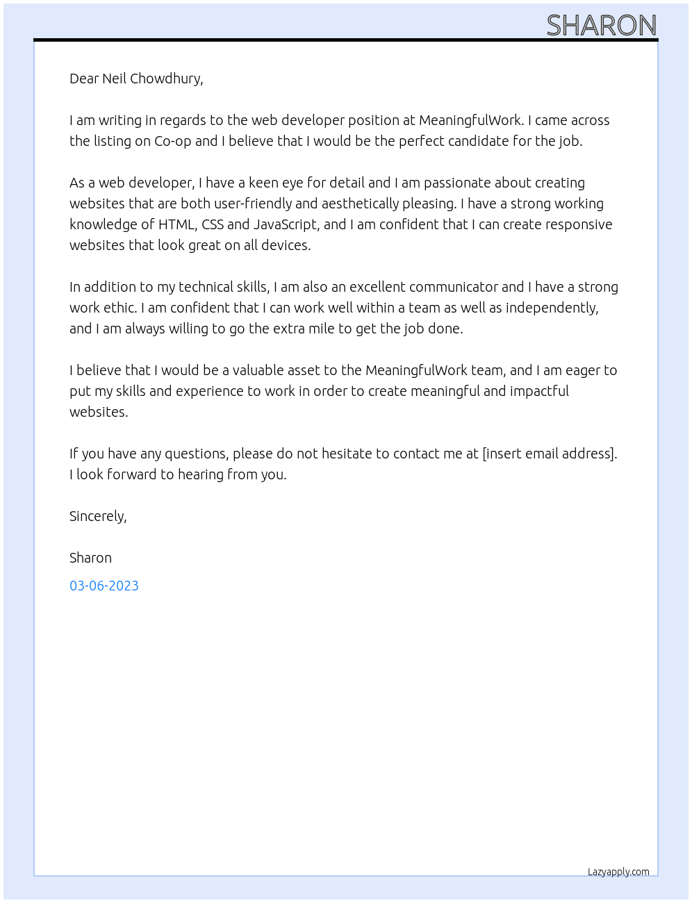 Web Developer, Co-op At MeaningfulWork Cover Letter