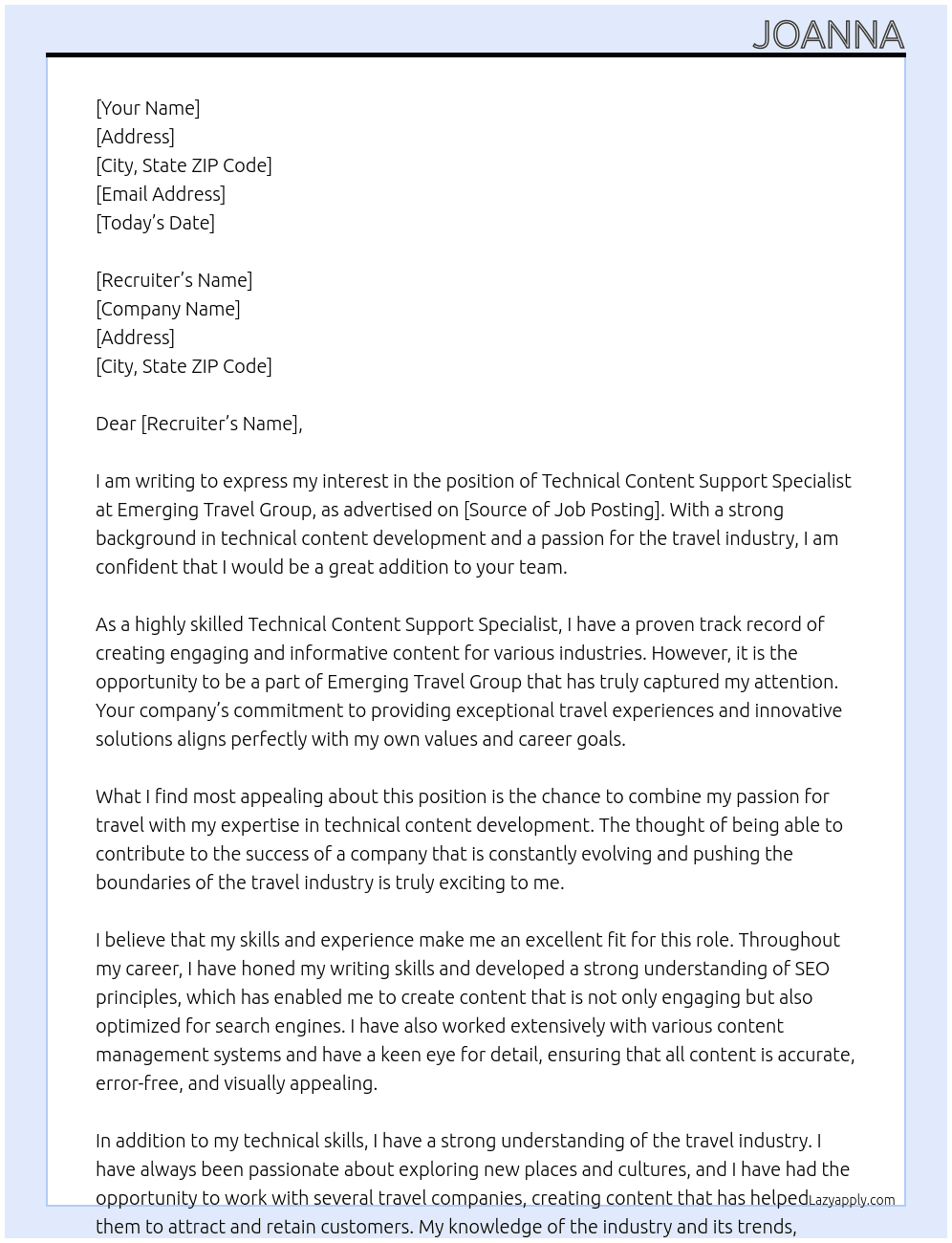 Technical Content Support Specialist At emerging travel group Cover Letter
