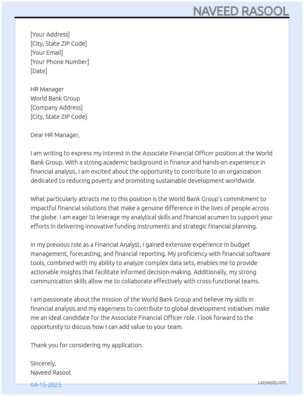 Assosiate Financial Officer At World Bank Group Cover Letter