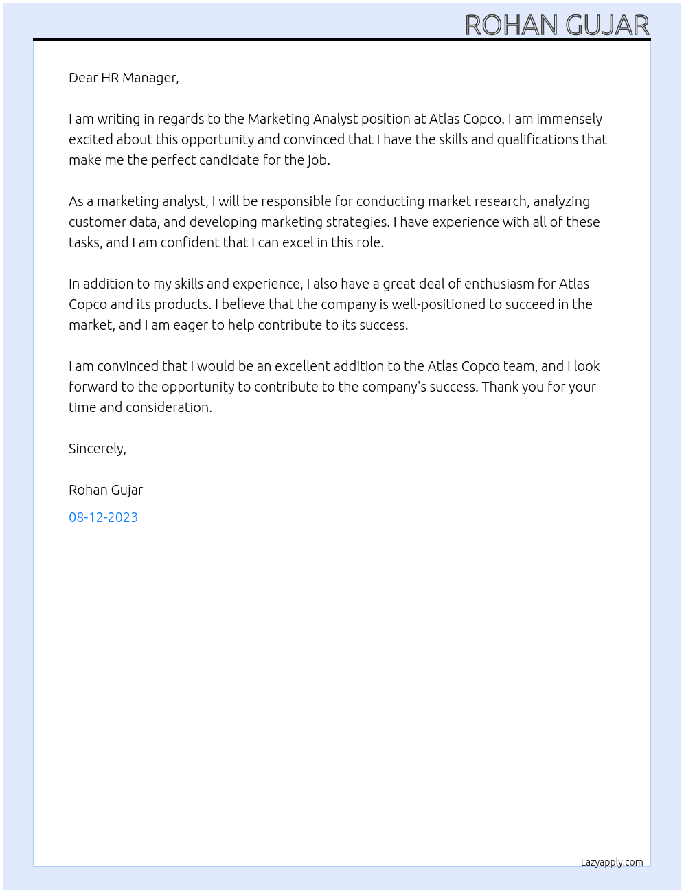 Marketing Analyst At Atlas Copco Cover Letter
