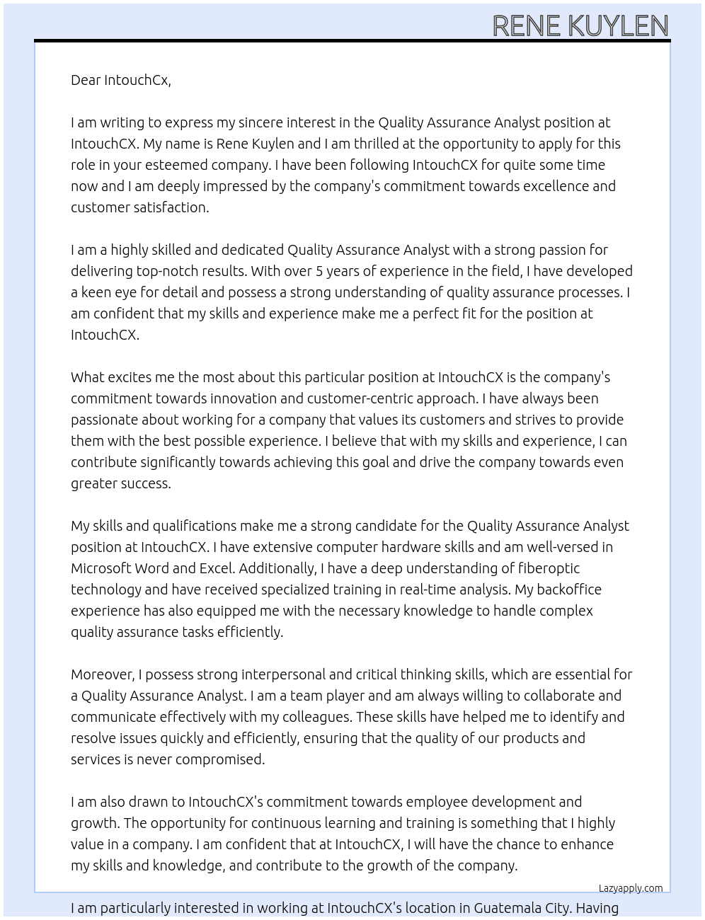 Quality Assurance Analyst At IntouchCX Cover Letter