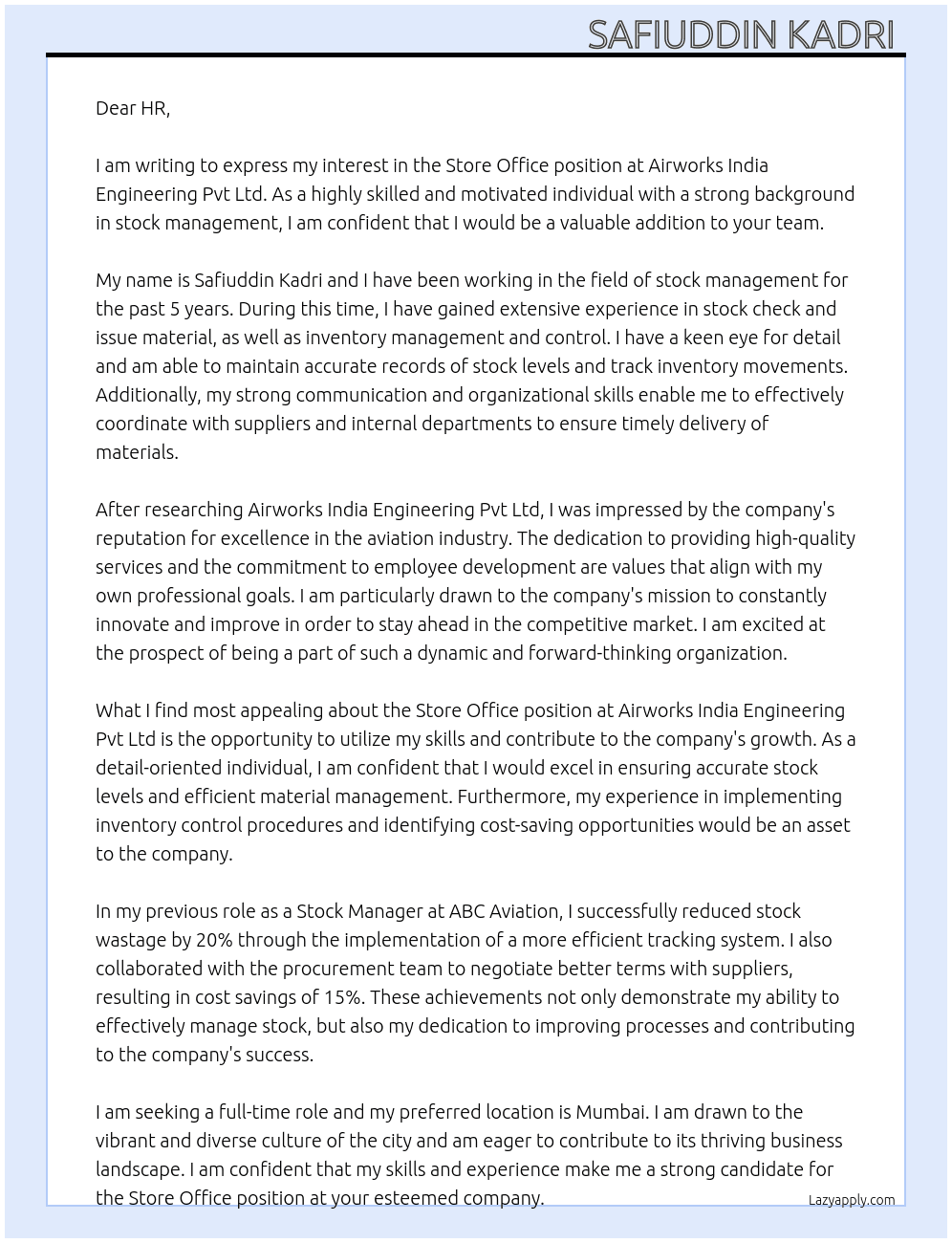 Store office  At Airworks India engineering pvt ltd  Cover Letter