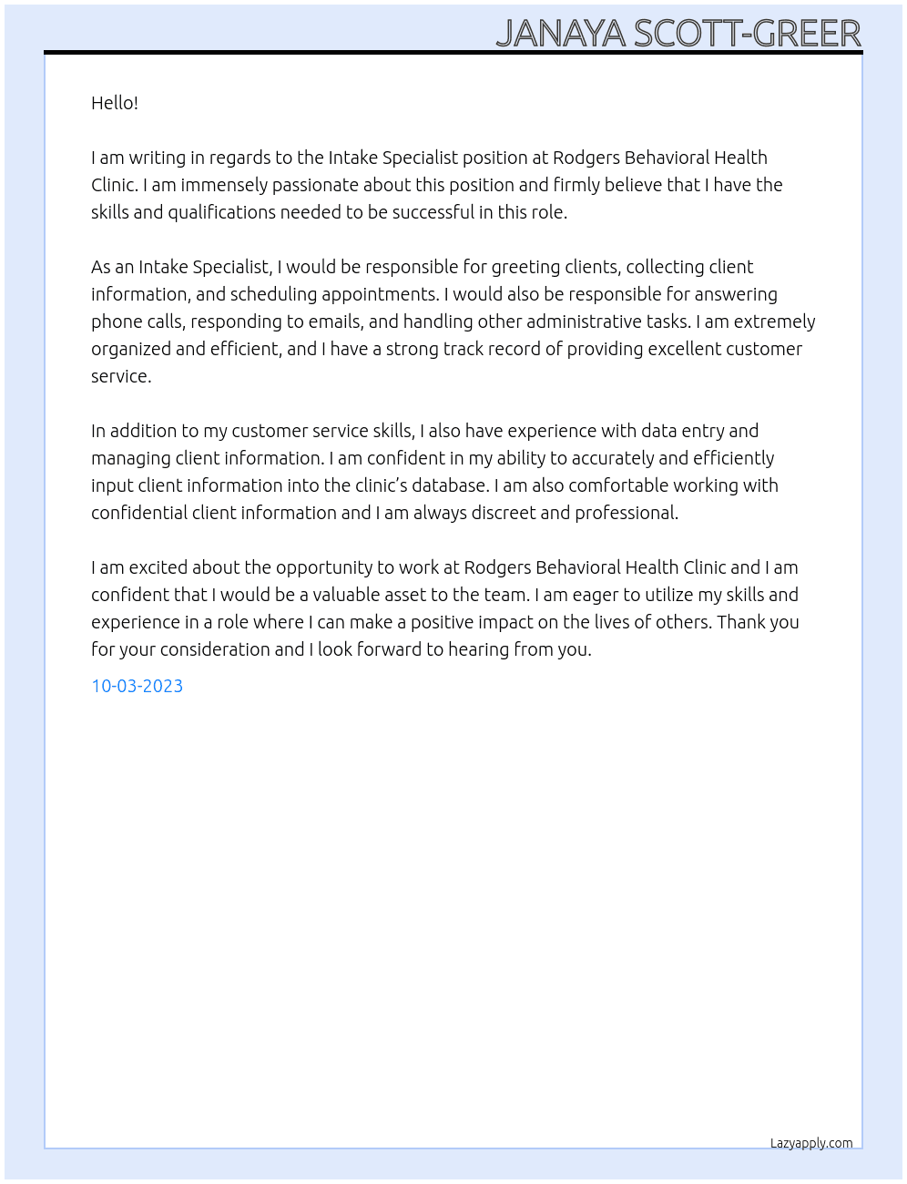 Intake Specialist  At Rodgers Behavioral Health Clinic  Cover Letter
